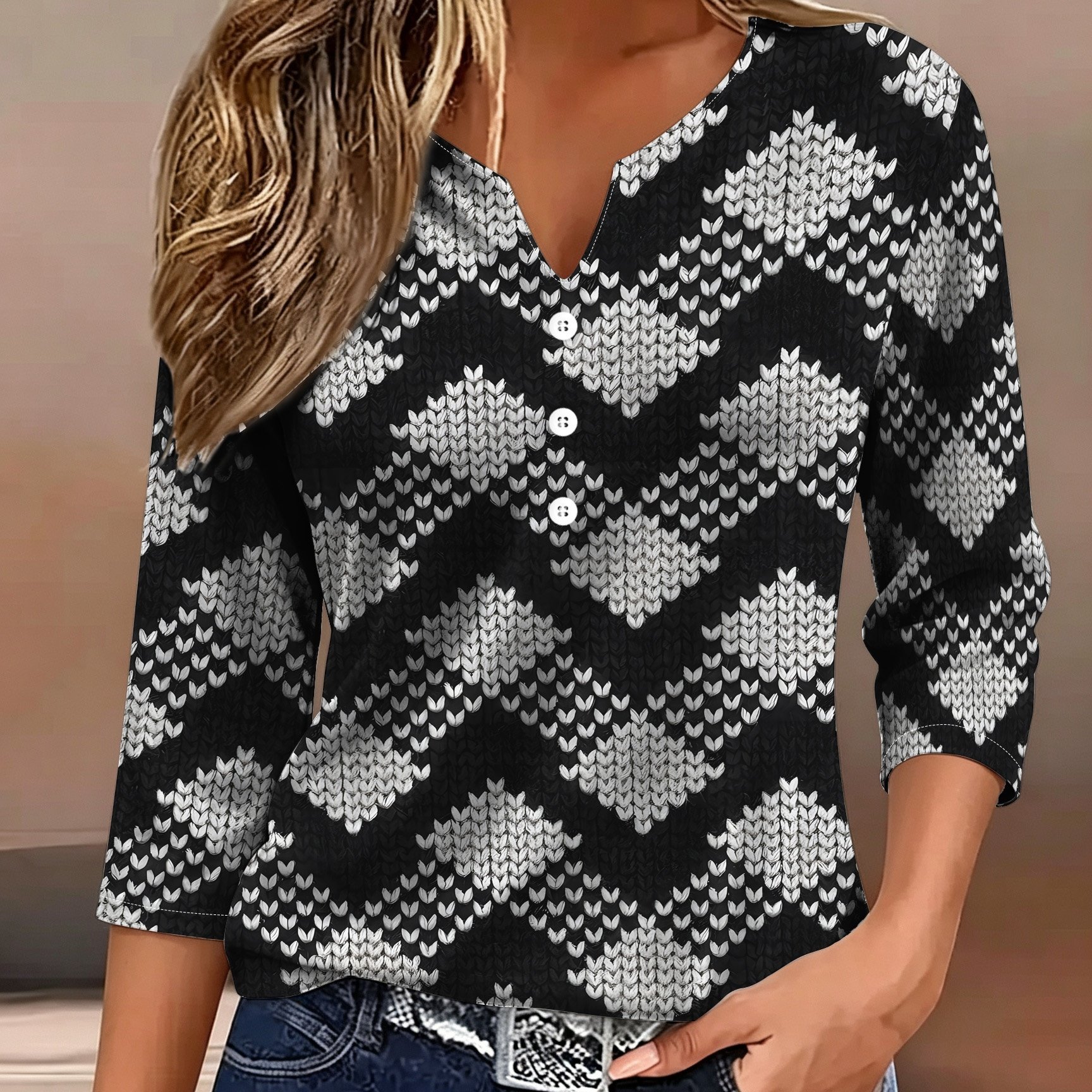TEMU Black And White Rhombus V-neck Three-quarter Sleeve Pullover For Women, Autumn Fashion Pullover Top