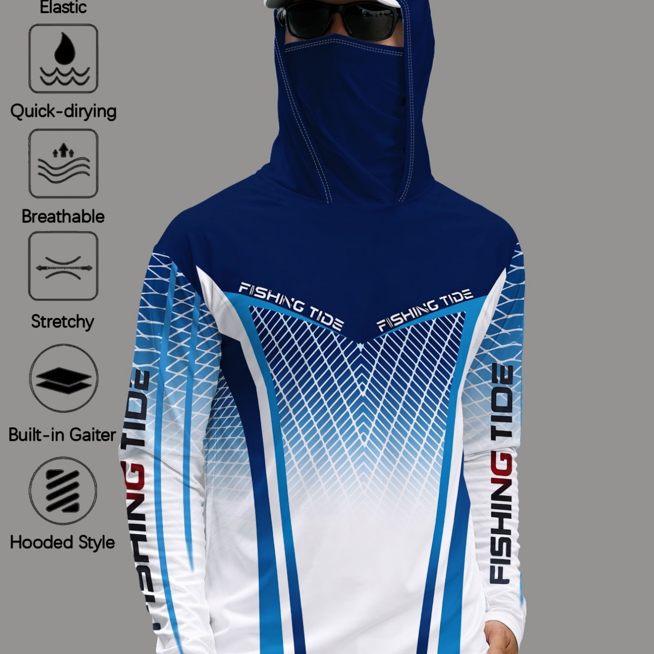 TEMU Men's Outdoor Fishing Face Covering Hoodie Breathable Quick-drying Stretchy Long-sleeve Top Geometric Gradient Pattern Fishing Clothing||