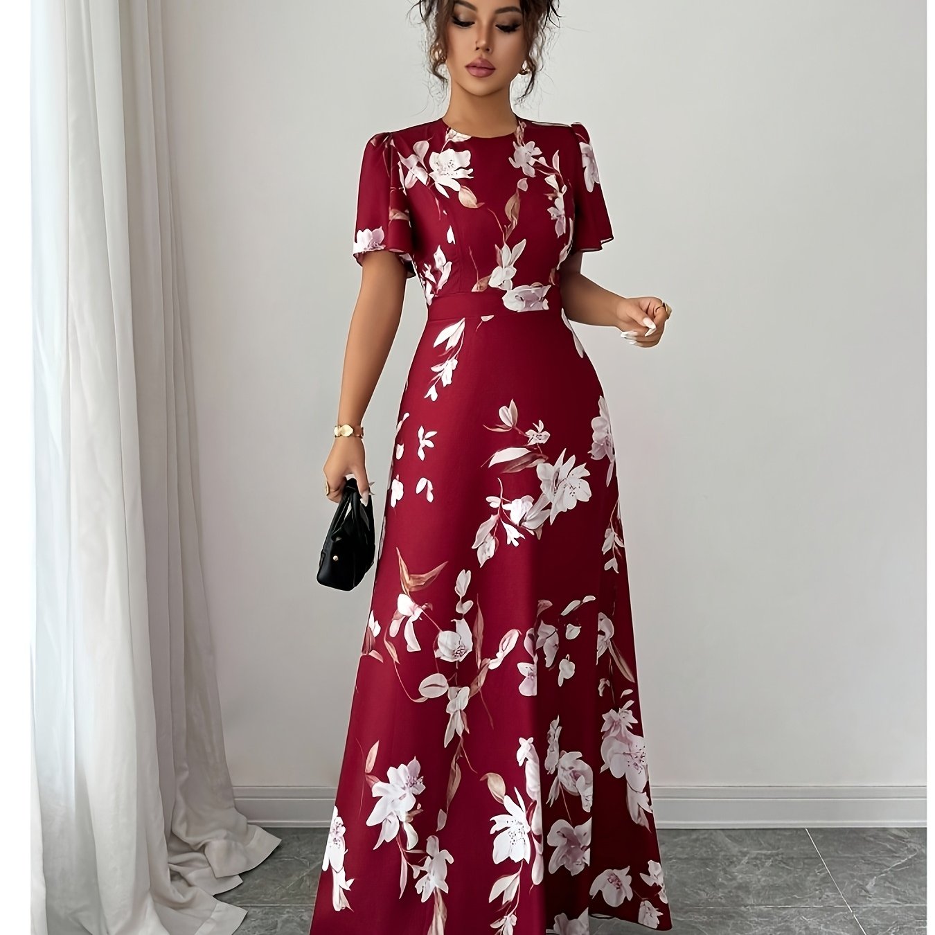 TEMU Elegant Exquisite Women's Burgundy White Floral Print Dress Round Neck Ruffle Short Sleeve Waist Cinched A-line Maxi Dress Fashion Temperament