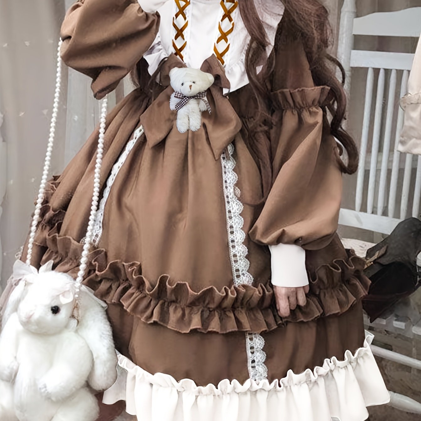 TEMU チャーミングプリンセスドレス ベアペンダント＆リボン付き 長袖 ポリエステル素材 ロールプレイやファッション愛好家に最適 洗濯機対応