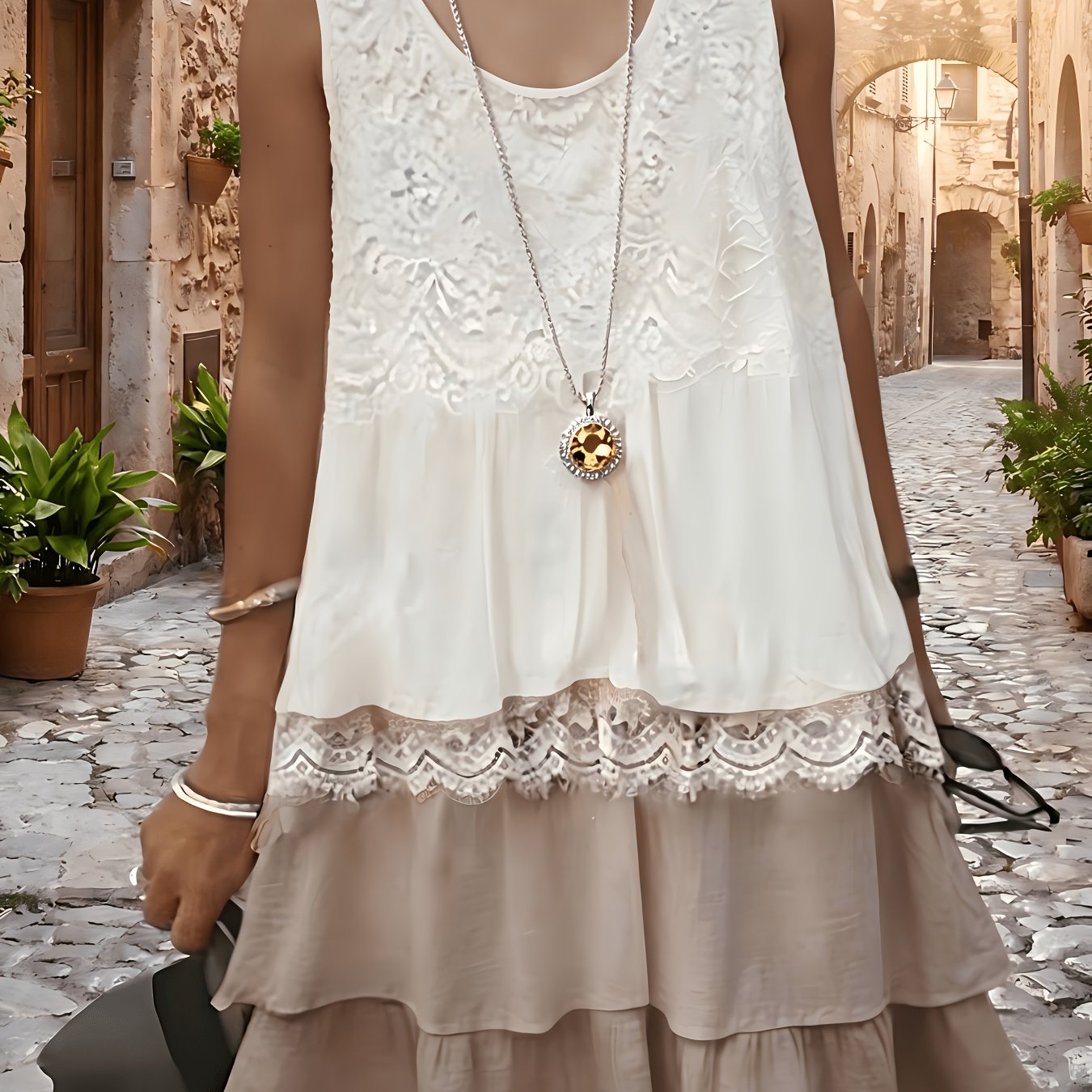 Image of Plus Size - Plus Size - Women' Bohemian Dress Lace Dress Detail Layered Dress Sleeveless Wide Round Neck White Beach Party Casual Summer Loose Fit Clothing Outfit
