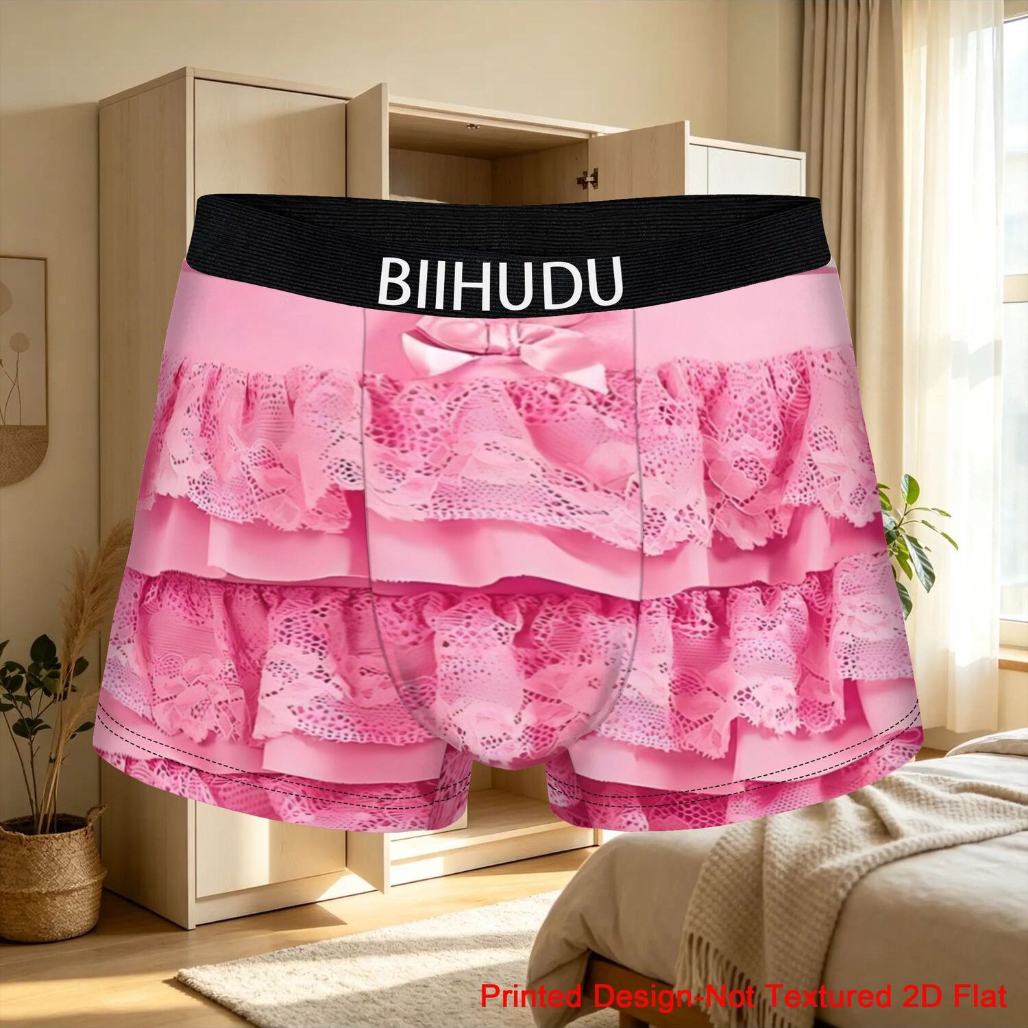TEMU Printed Design-not Textured 2d Flat 1pc Pink Lace Shorts Biihudu Underpants Breathable Panties Men's Underwear Comfortable Shorts Boxer Briefs