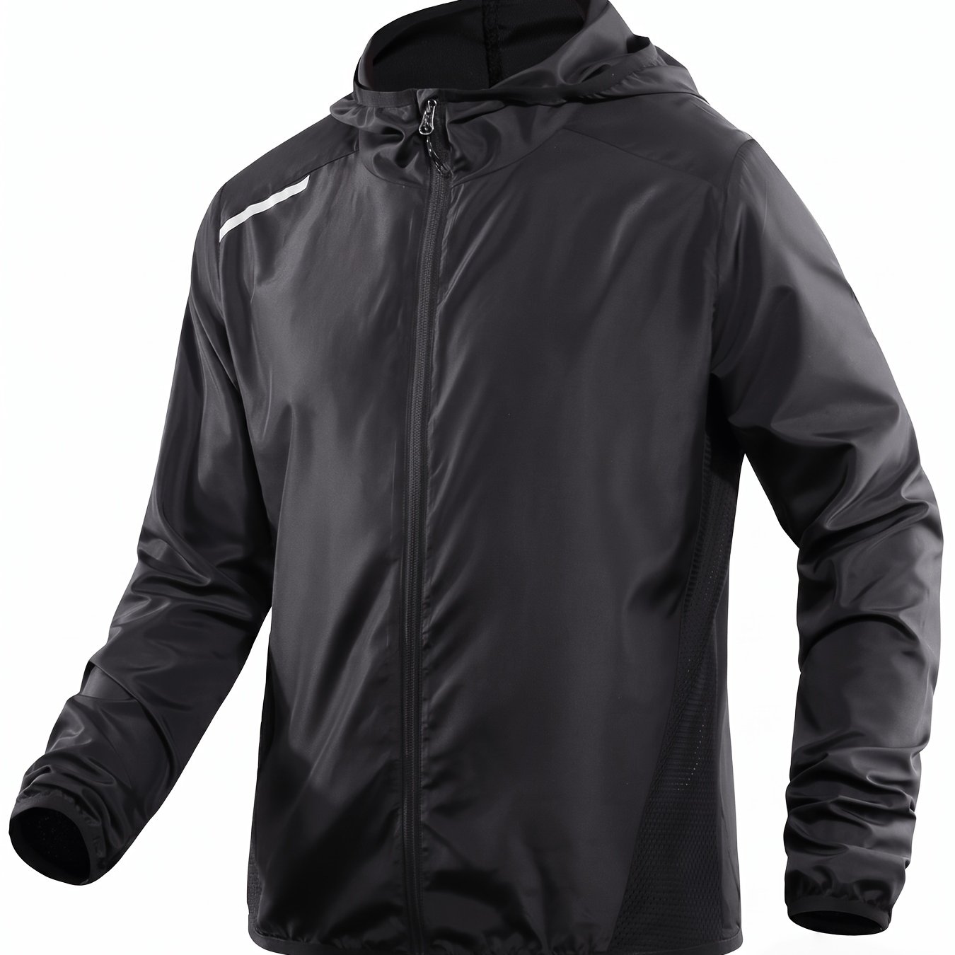 TEMU Men's Lightweight Hooded Jacket - Breathable,, Zip-up Outdoor Sports, Casual Black With Reflective Strips, Jacket