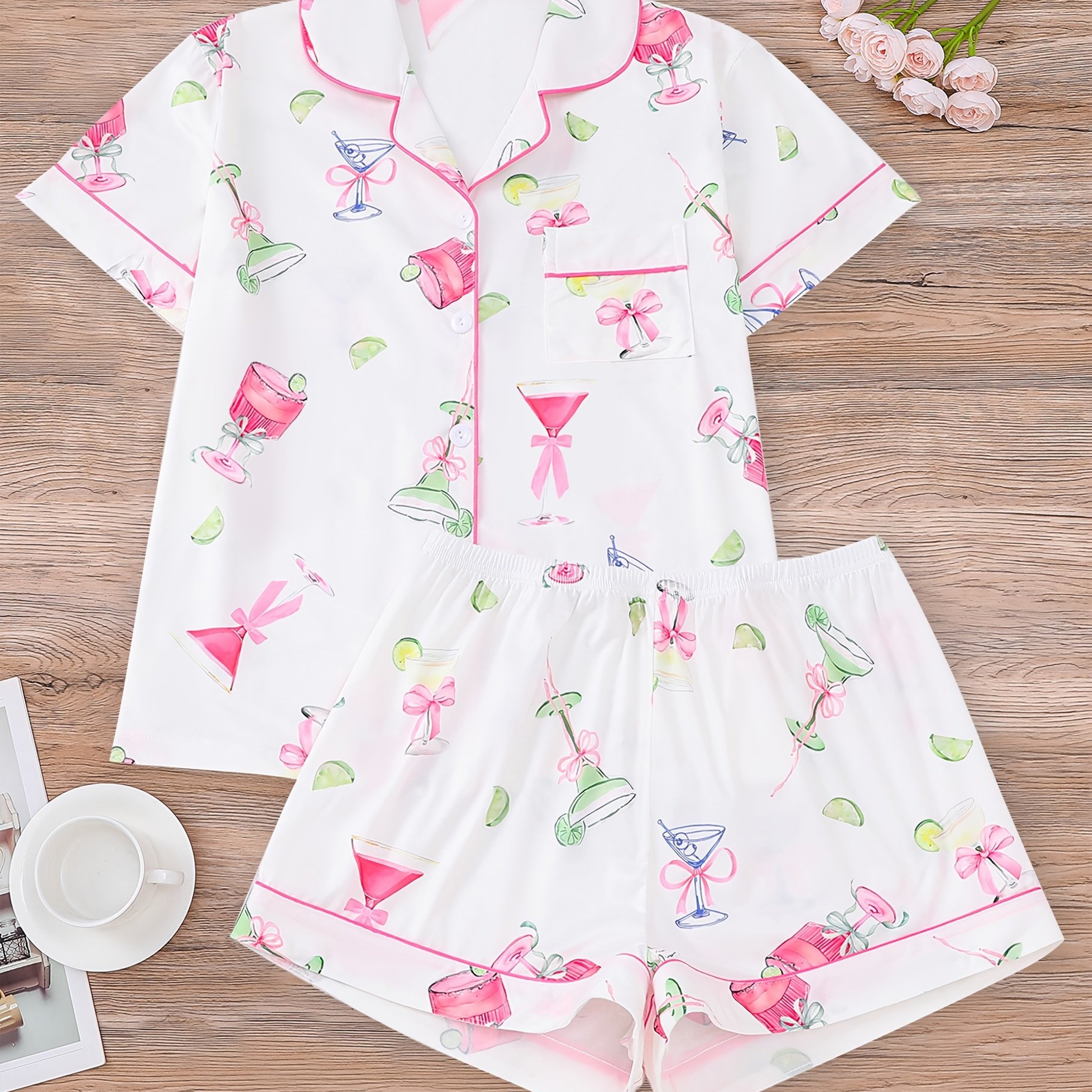 TEMU 2pcs Cute Women's Pajama Set, Short Sleeve Shirt With Collar And Buttons, Soft Top And Loose Elastic Shorts, Beautiful And Fashionable Casual