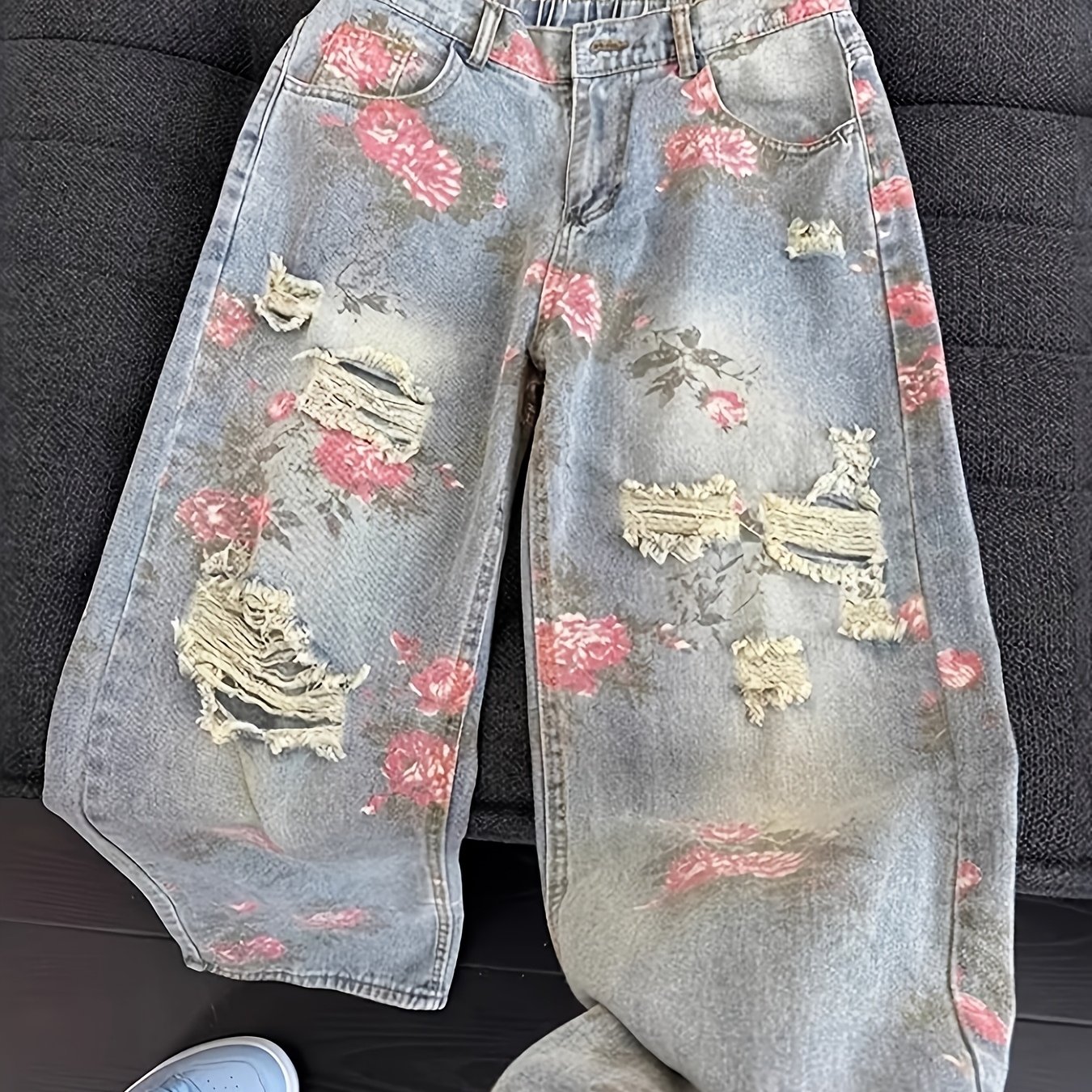 Image of Vintage Cute High Waisted Straight Leg Jeans Casual Y2k Flower Printed Fringe Ripped Streetwear Denim Pants, Perfect For Outdoor, For Teenager