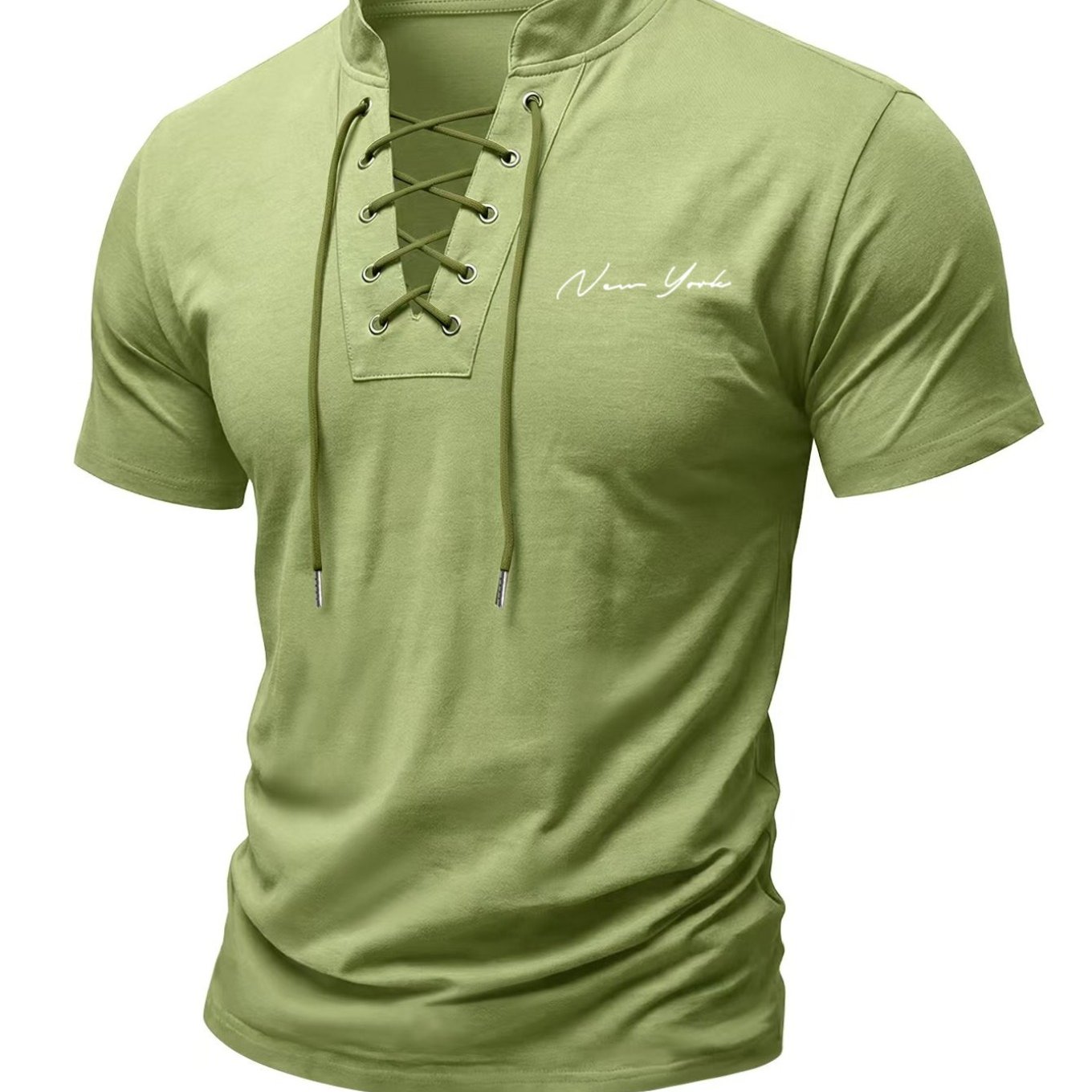 TEMU Men's Retro Cross-strap V-neck Short-sleeved T-shirt With Signature Print, A Versatile Daily Casual Top, Trendy Henley Design, A Comfortable
