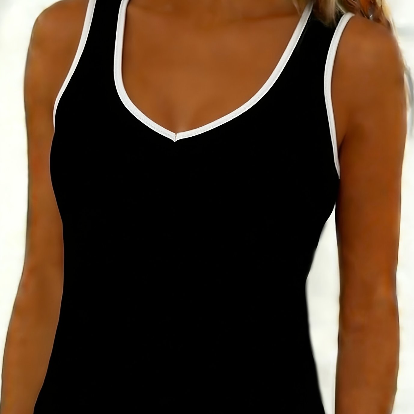 TEMU A Stylish And Elegant Casual Vest For Women - A Must-have For Spring And Summer. Featuring A Black And , V-neck Ribbed Texture, Base With White