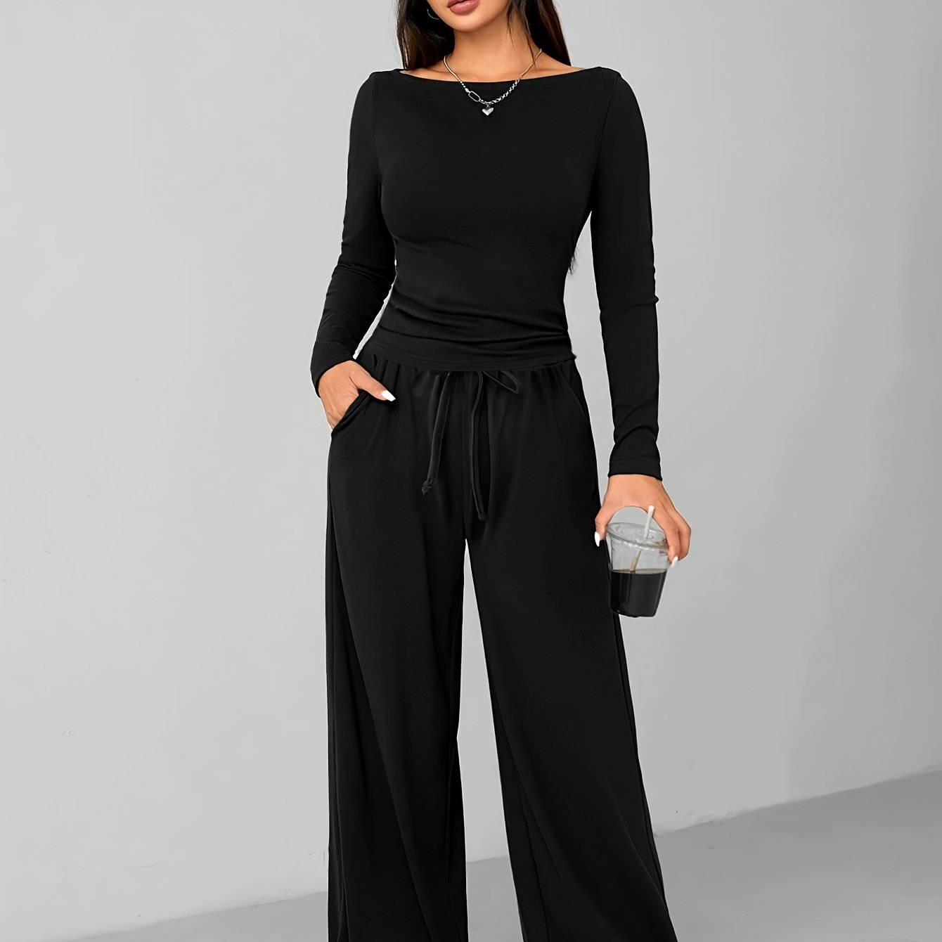 TEMU Women's Autumn Winter Pajamas, Easy Solid Color Casual Comfortable Fashion Long Sleeve Long Pants Outwear Pajama Set For Women