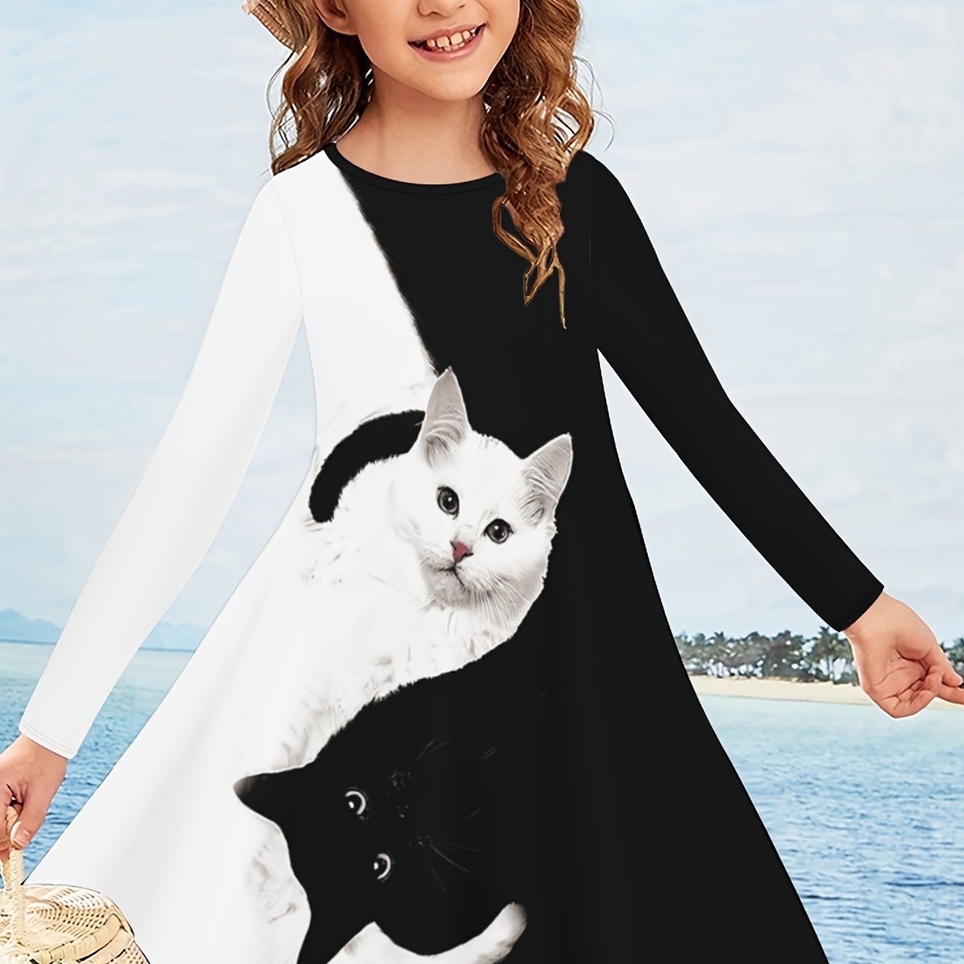 Image of 3d Printed Casual Cute Cat Pattern Autumn Winter Long Sleeve Dress