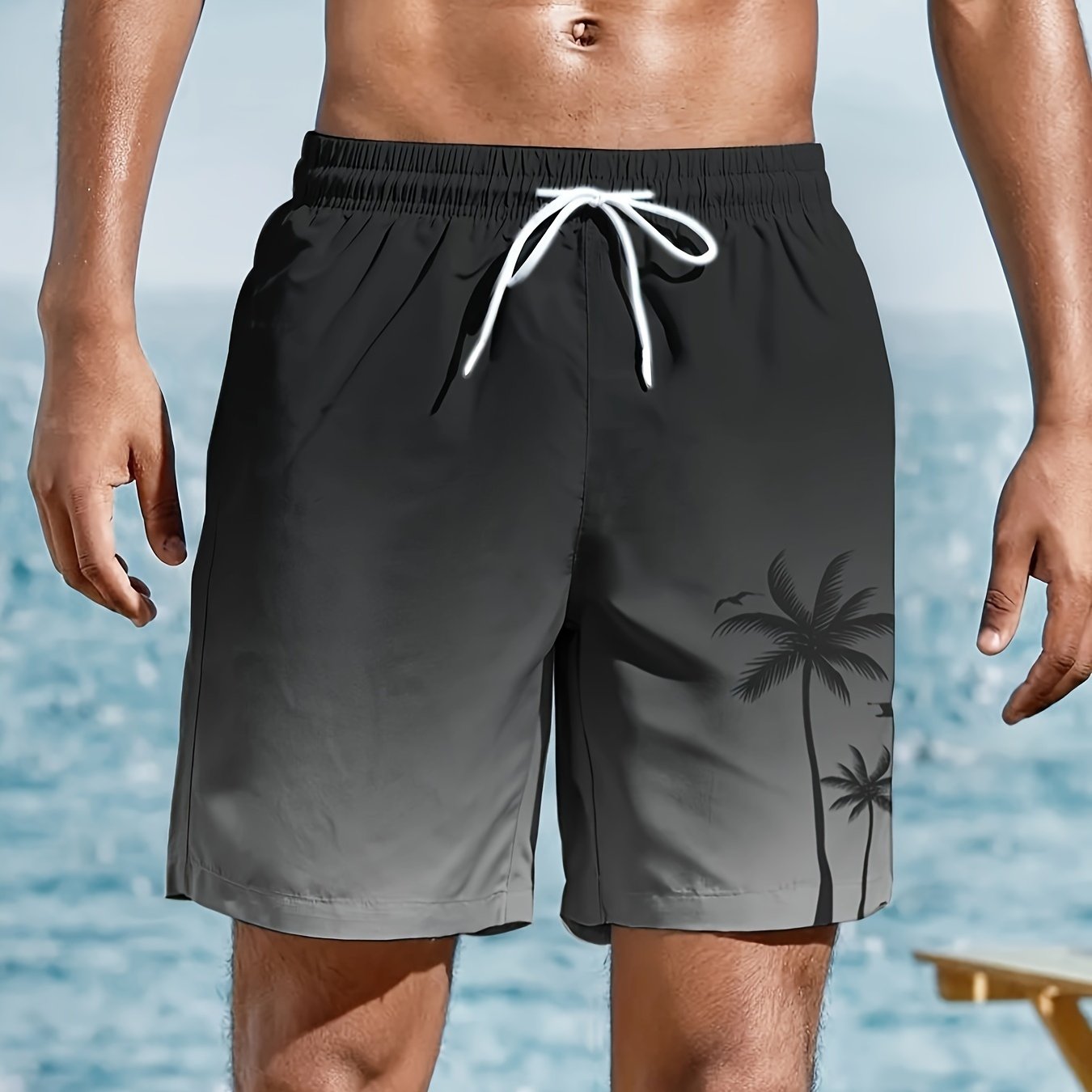 TEMU Men's Quick-dry Swim Trunks - Lightweight Shorts With Drawstring Waist, Palm Tree Print, Suitable For Surfing, Swimming Pool, Vacation - Machine