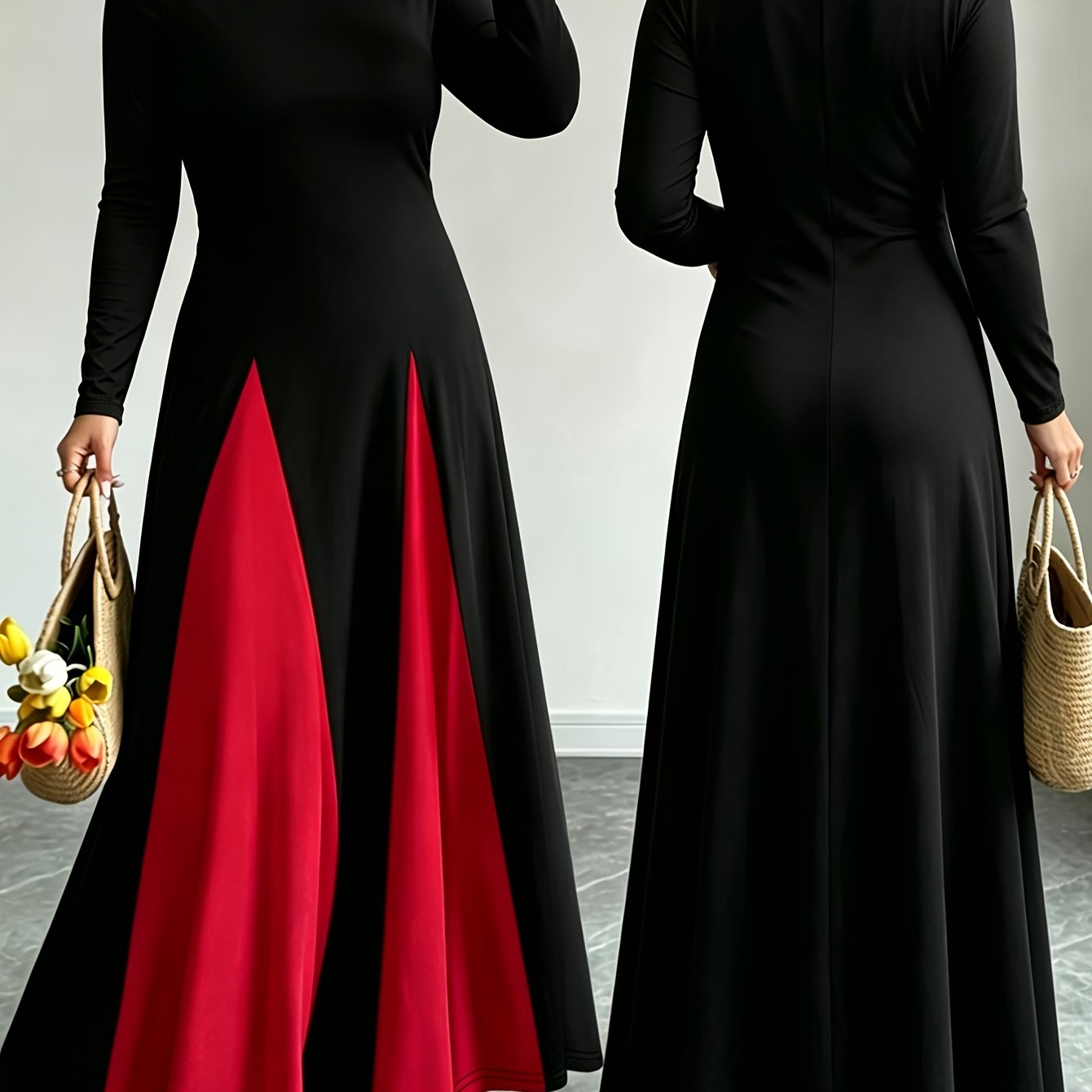 TEMU Plus Size - 2026 Spring/autumn New Women's Fashion Solid Color Long Sleeve Round Neck Contrast Long Maxi Flared Dress Elegant Temperament Date