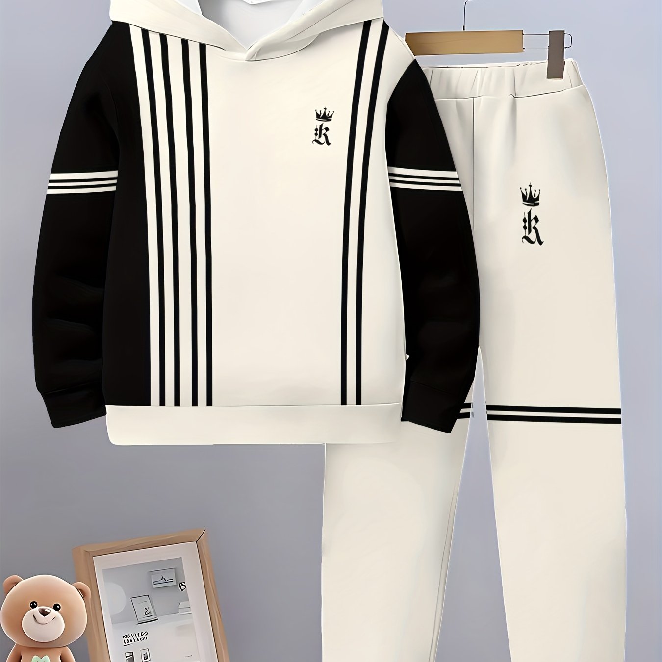 Image of Boys' Printed Casual Hoodie Set For Spring And Autumn, Long Sleeve Sportswear, Boys' Outdoor Hoodie Set, For Outdoor