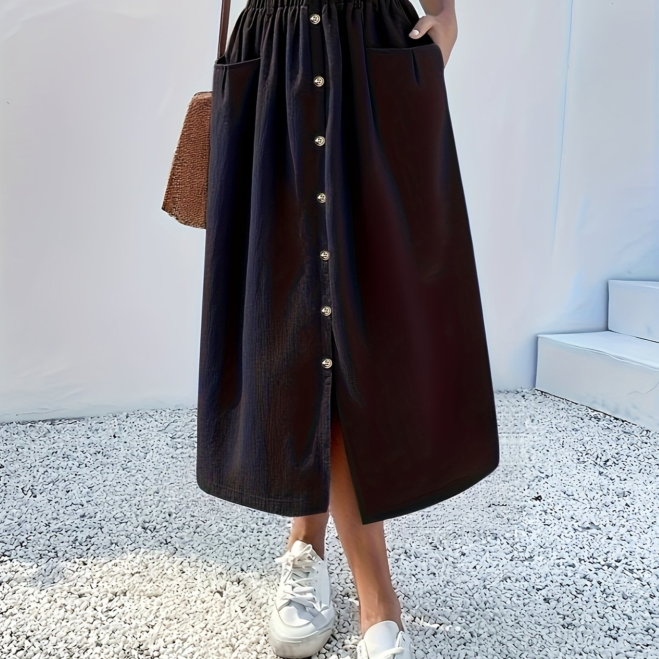 Elegant French-Inspired Women&#39;s High-Waisted Midi Skirt - Loose Fit Pleated Design with Button Detail, Solid Color Polyester Fabric for Spring/Summer/Fall, Casual Chic Style, Cute Skirts, Fall Fashion Wear, Textured Fabric, Structured Silhouette