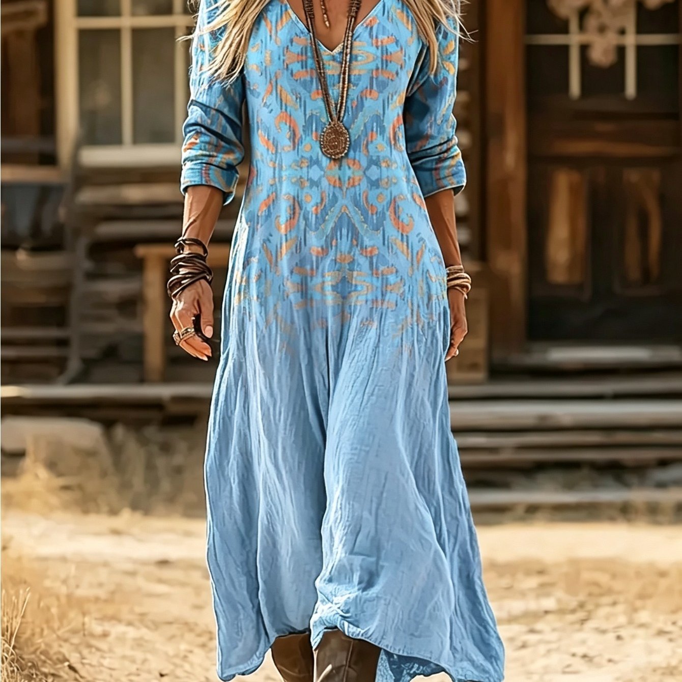 And Summer Women's Elegant Fashion Retro Ethnic Printing Long-sleeve V-neck Dress, Bohemian Casual Dress, Soft And Skin-friendly, Perfect Wear , Summer, And Autumn