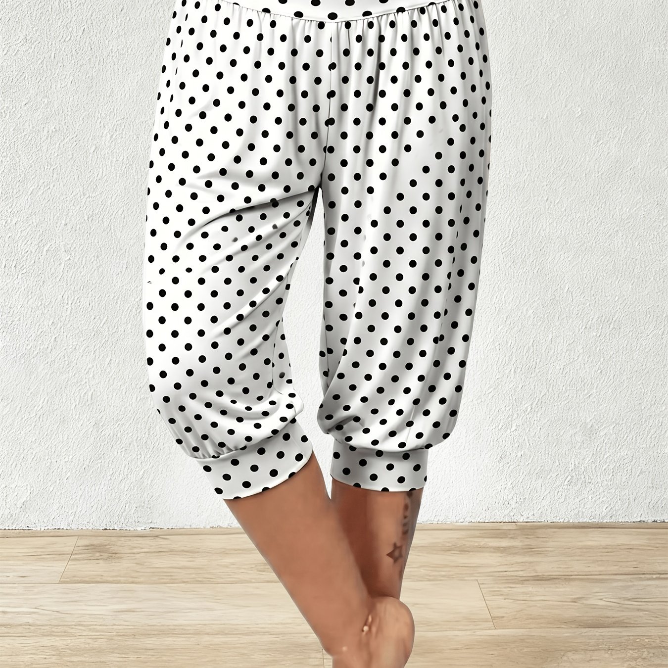 TEMU 1pc European/ Polka Dot Print Comfortable Cropped Jogger Pants, Versatile Outerwear For Casual, Sports, Jogging, And Yoga