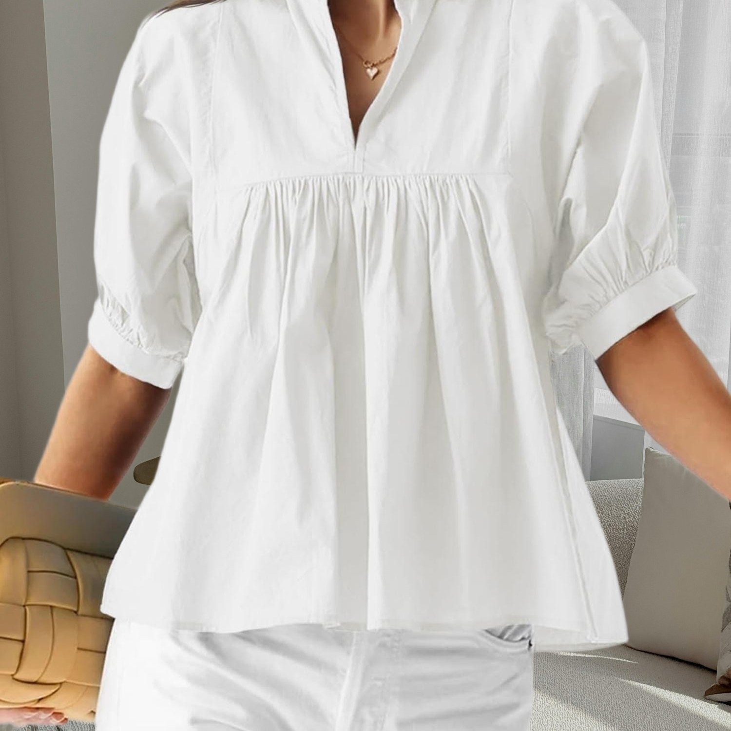Image of Women's Cute Pleated Peplum Shirts, Flattering V Neck And Puff Sleeves, Relaxed Babydoll Fit, Versatile Dressy Casual Blouses