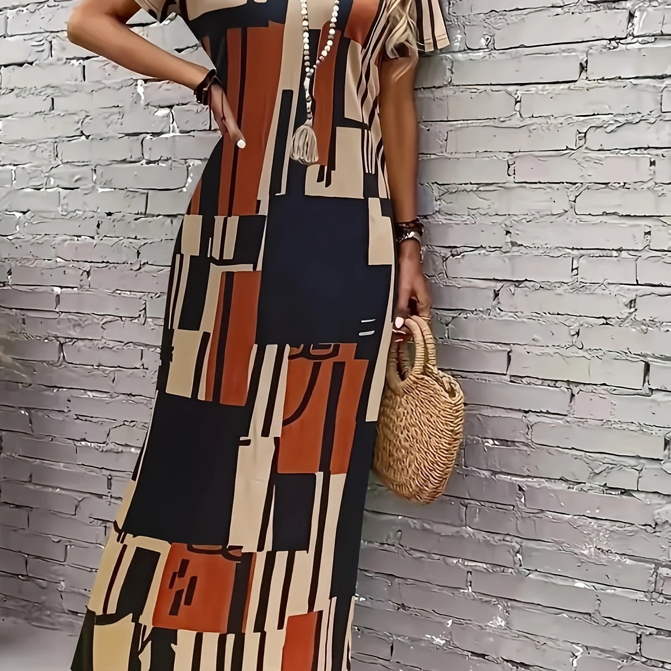 E-shop Plus Size - Plus Size - Plus Size Sommermode V-Ausschnitt Geometrischer Druck Langes Kleid - Slim Fit Freizeit Damenbekleidung