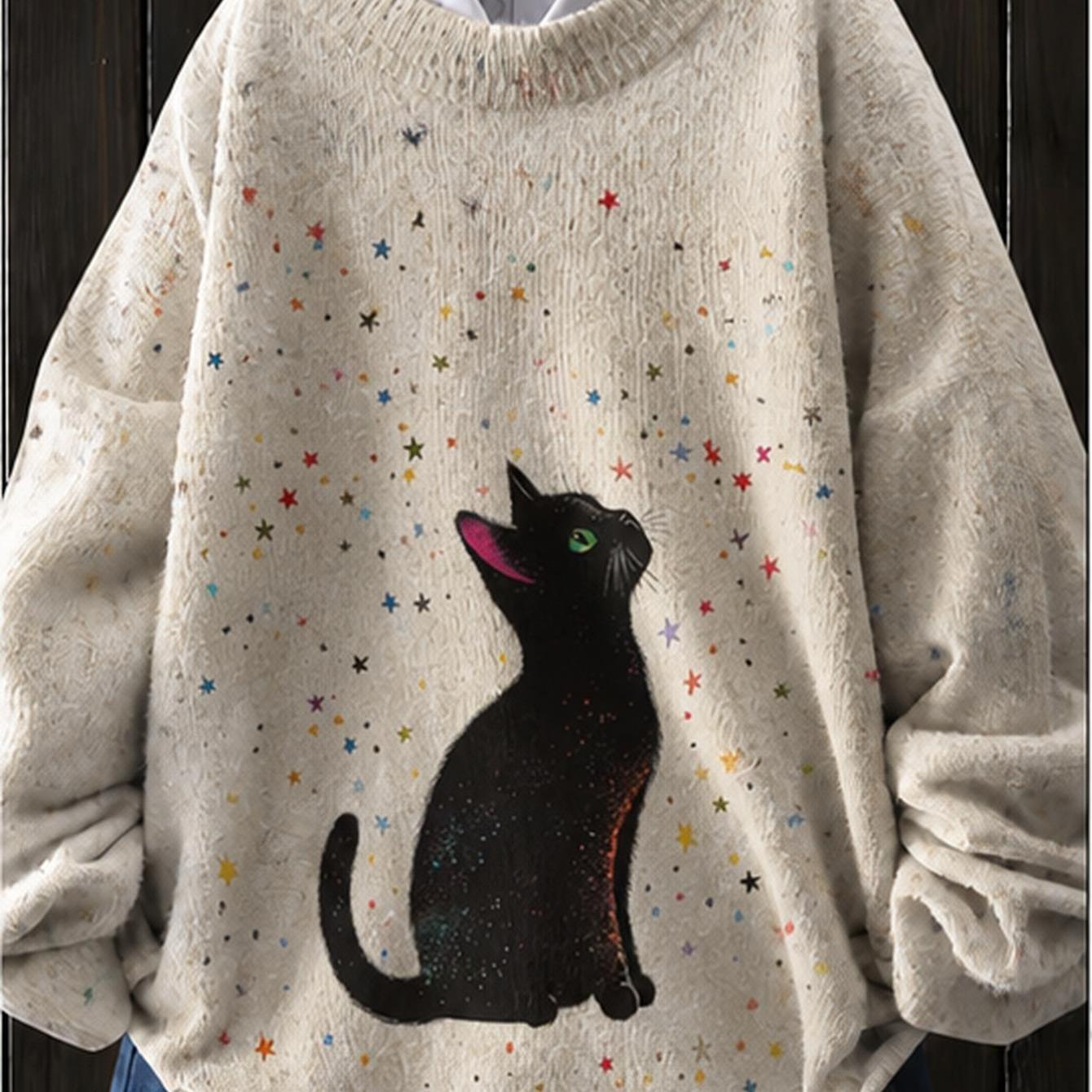 TEMU Plus Size Women's Full-body Pullover Black Cat And Stars Print Cozy Sweater For Women Round Neck Long Sleeve Fashion Casual Women's Sweater,