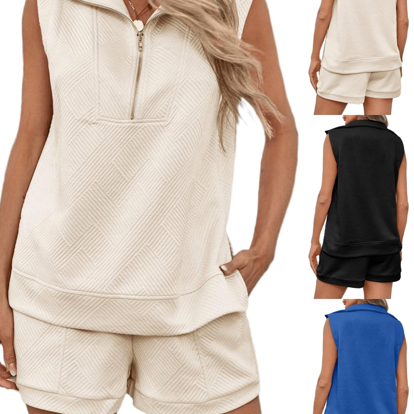Image of Women's Daily Summer 2pcs Short Sets Half Zip Sleeveless Tops Drawstring Shorts Casual Loungewear Sweatsuit