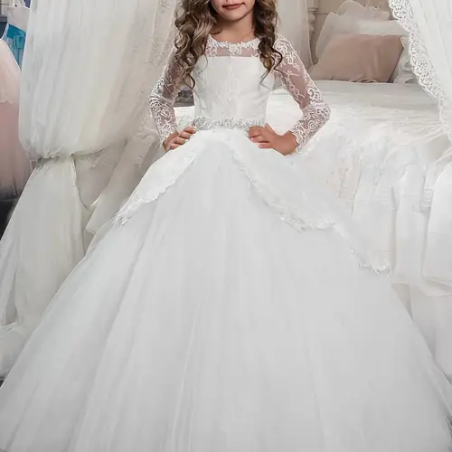 elegant vintage inspired flower dress with long lace sleeves formal ball gown for weddings special occasions hand wash or non stretch fabric white with lace detailing