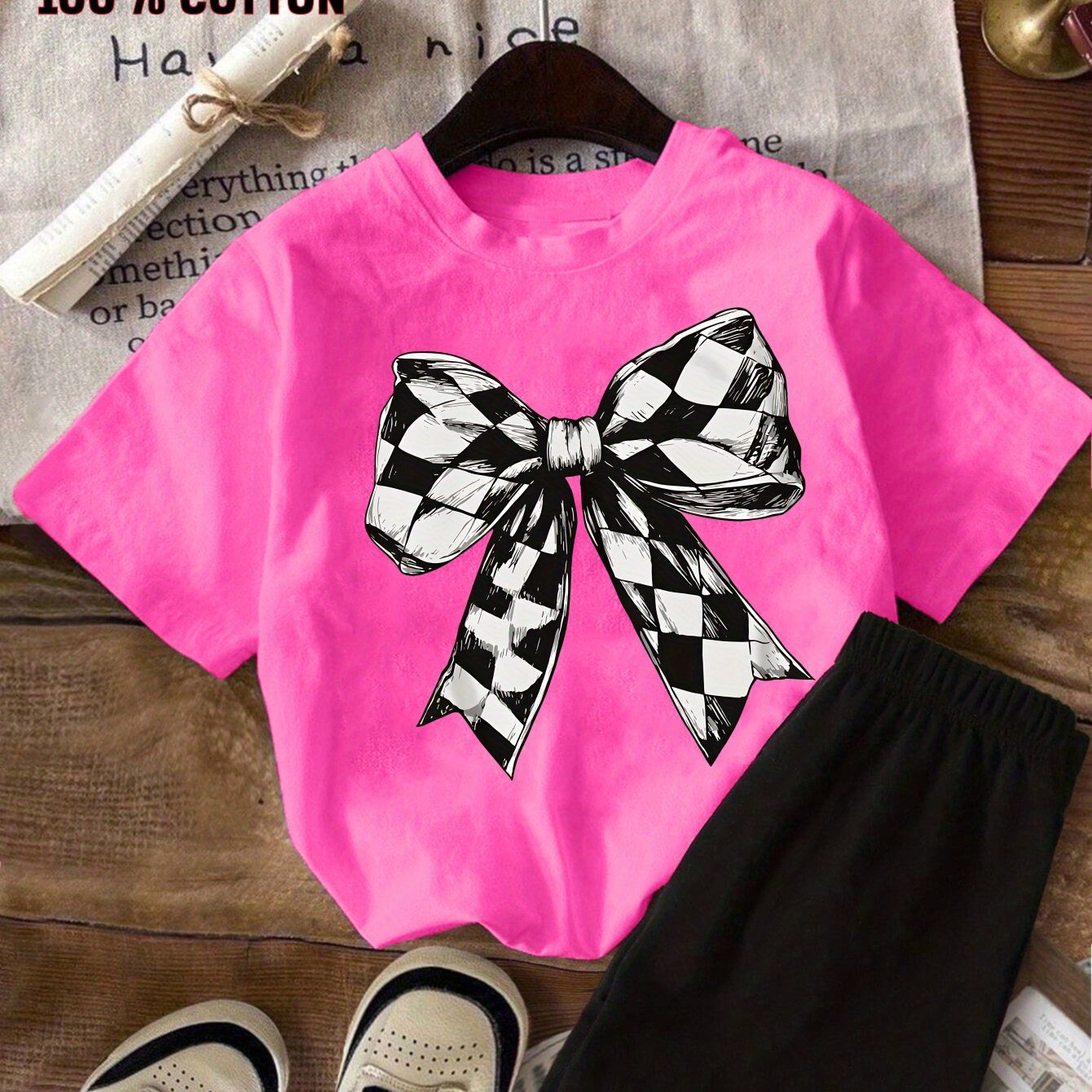 TEMU 2pcs New Pink T Shirt With Black White Bow Short Sleeved 100% T-shirt And Shorts 2pcs Set Perfect For Outdoor