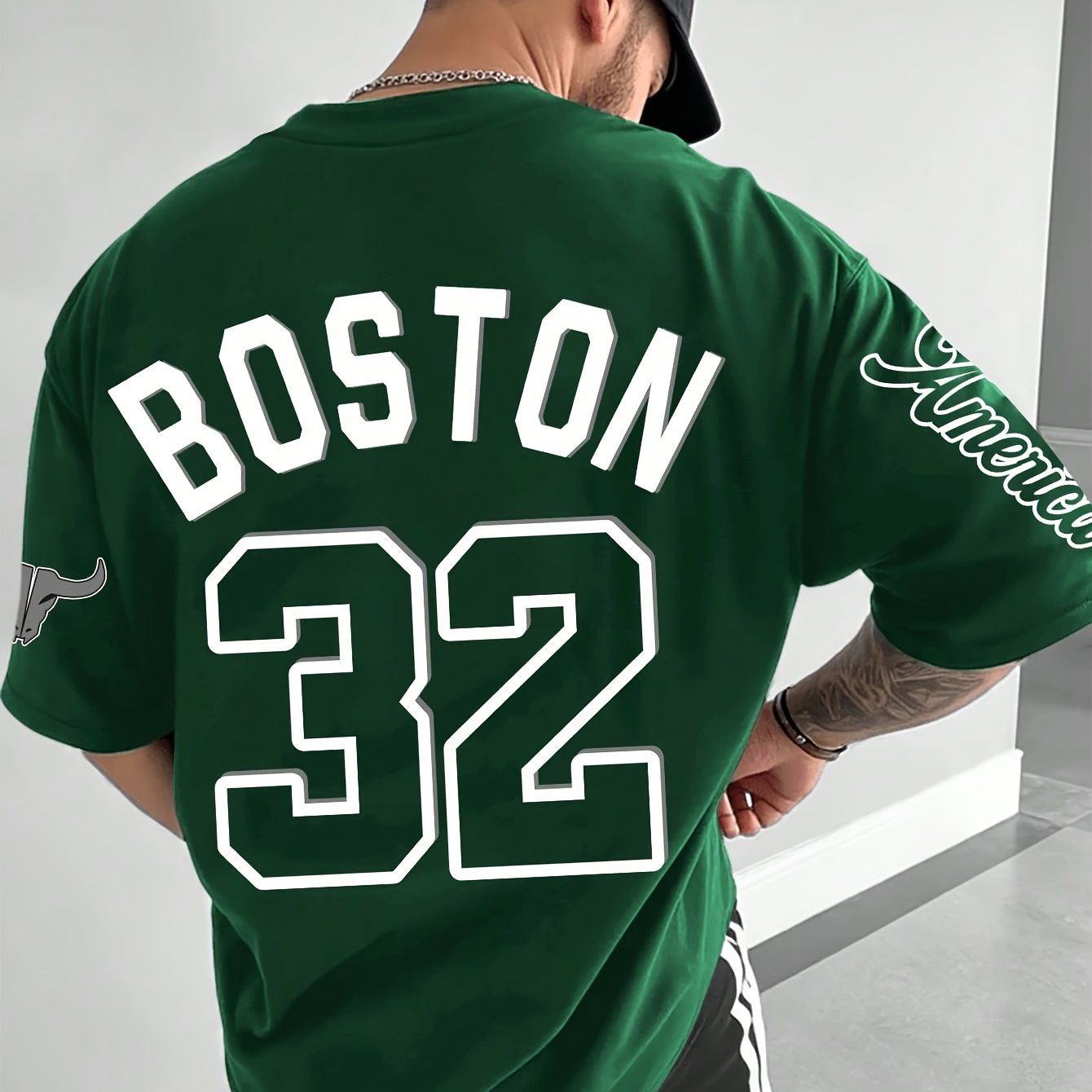 TEMU Men's New Casual T-shirt, 32 And Boston Elements Design Pattern, Round Neck Short Sleeve, Breathable Regular Fit For Casual And Formal Wear -