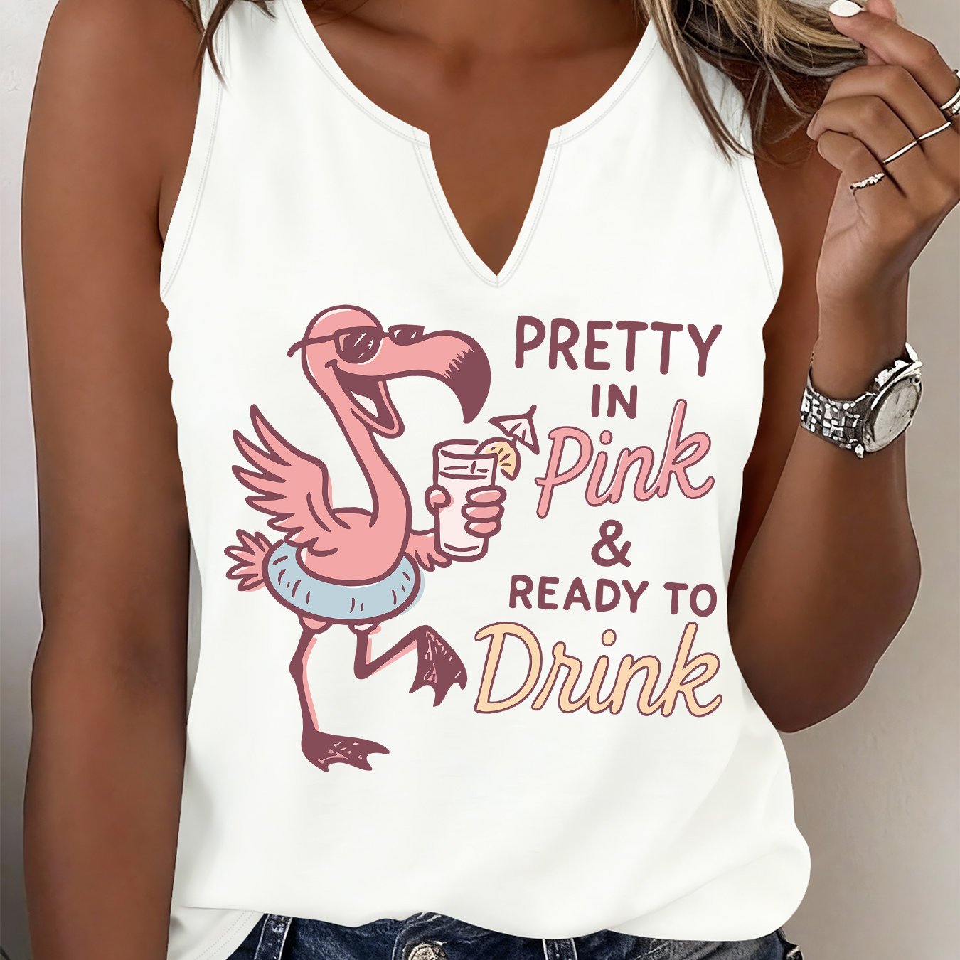 TEMU (052#) Women's Fashion Fresh Camisole, Flamingo Pattern V-neck Sleeveless Top, Fun Text Design Casual All-match