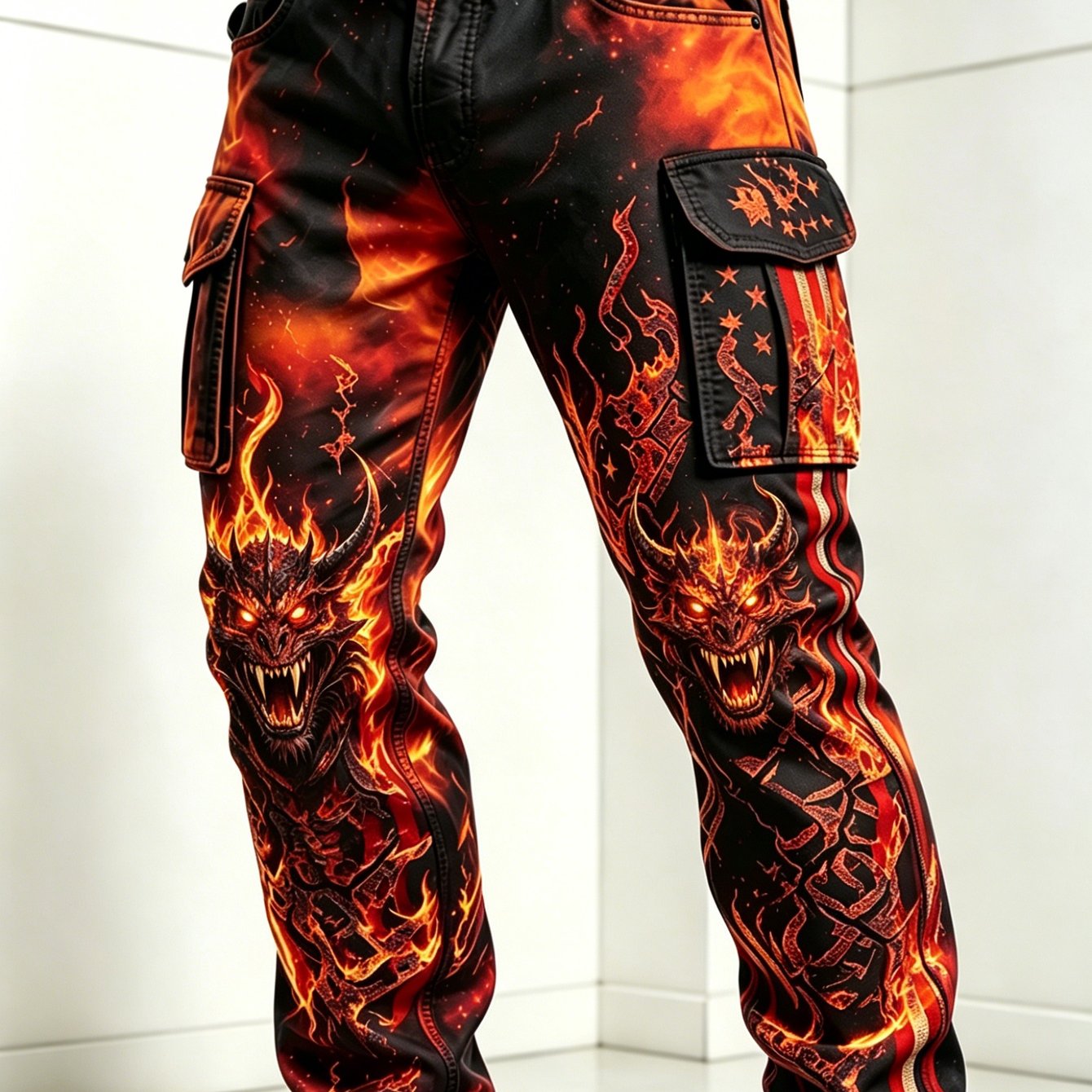 TEMU Men' Style Loose Multi-pocket Cargo Pants With Of Flame And Evil Dragon Pattern, Suitable For , Versatile For Everyday Casual Wear