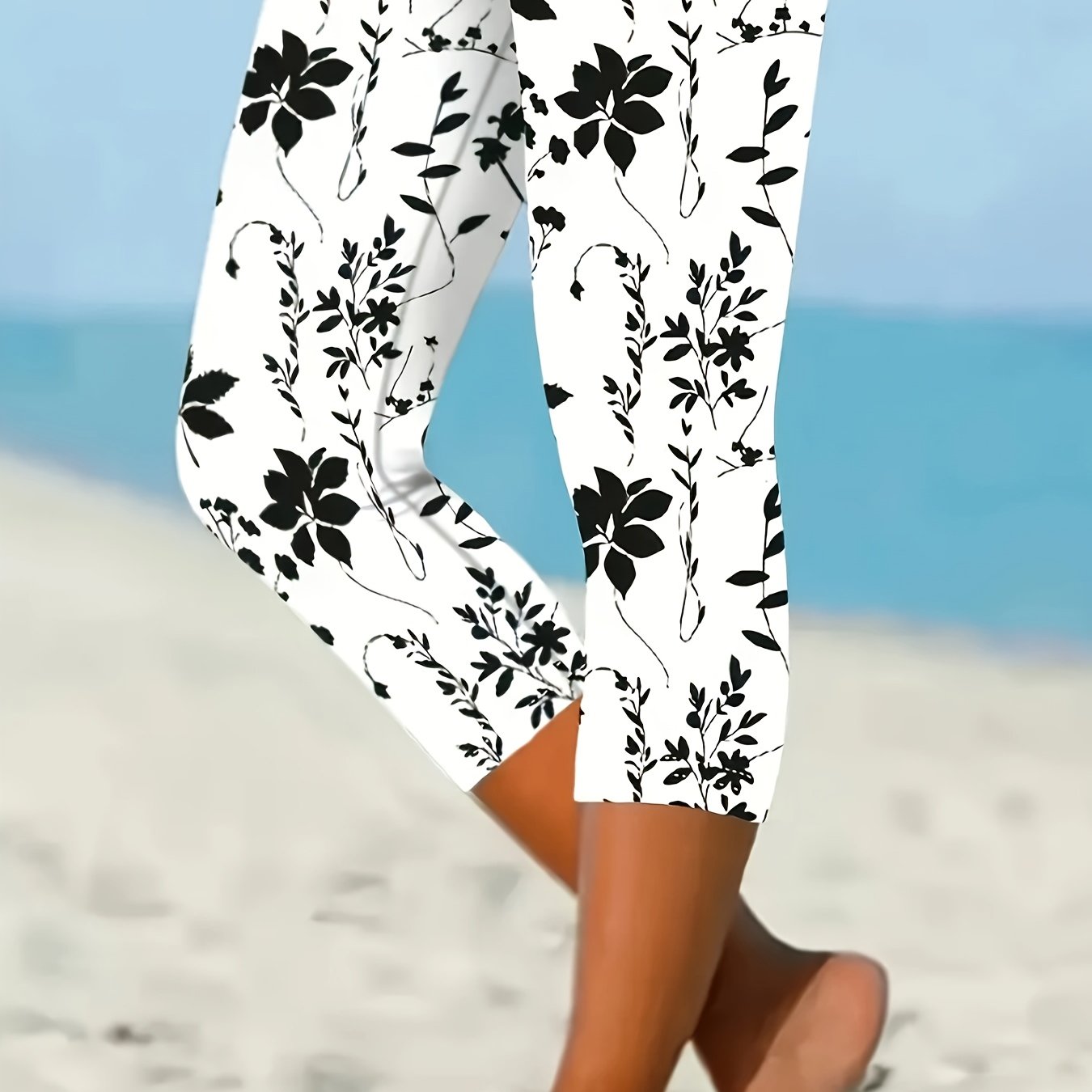 TEMU Women's Elegant Floral Print Capri Leggings - Stretchy, Machine Washable, Fit, Black & Gray , Perfect For Beach Or Casual Attire, Beachwear