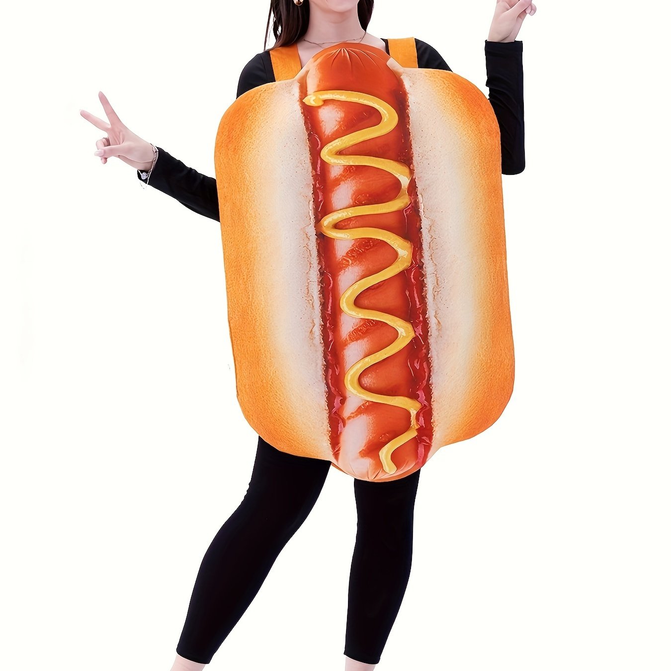 Image of Adult Hot Dog Onesie Costume With Shoulder Straps - Funny Loose-fit Outfit Suitable For Costumes, Themed Parties & Casual Wear - Wear For Adults ( Costumes)