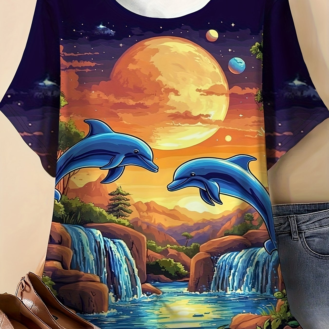TEMU Plus Size - Plus Size - Ladies' Cute Dolphin And Waterfall Patterned Printed T-shirt - Casual Short-sleeve Round Neck Top, Featuring Retro Pop