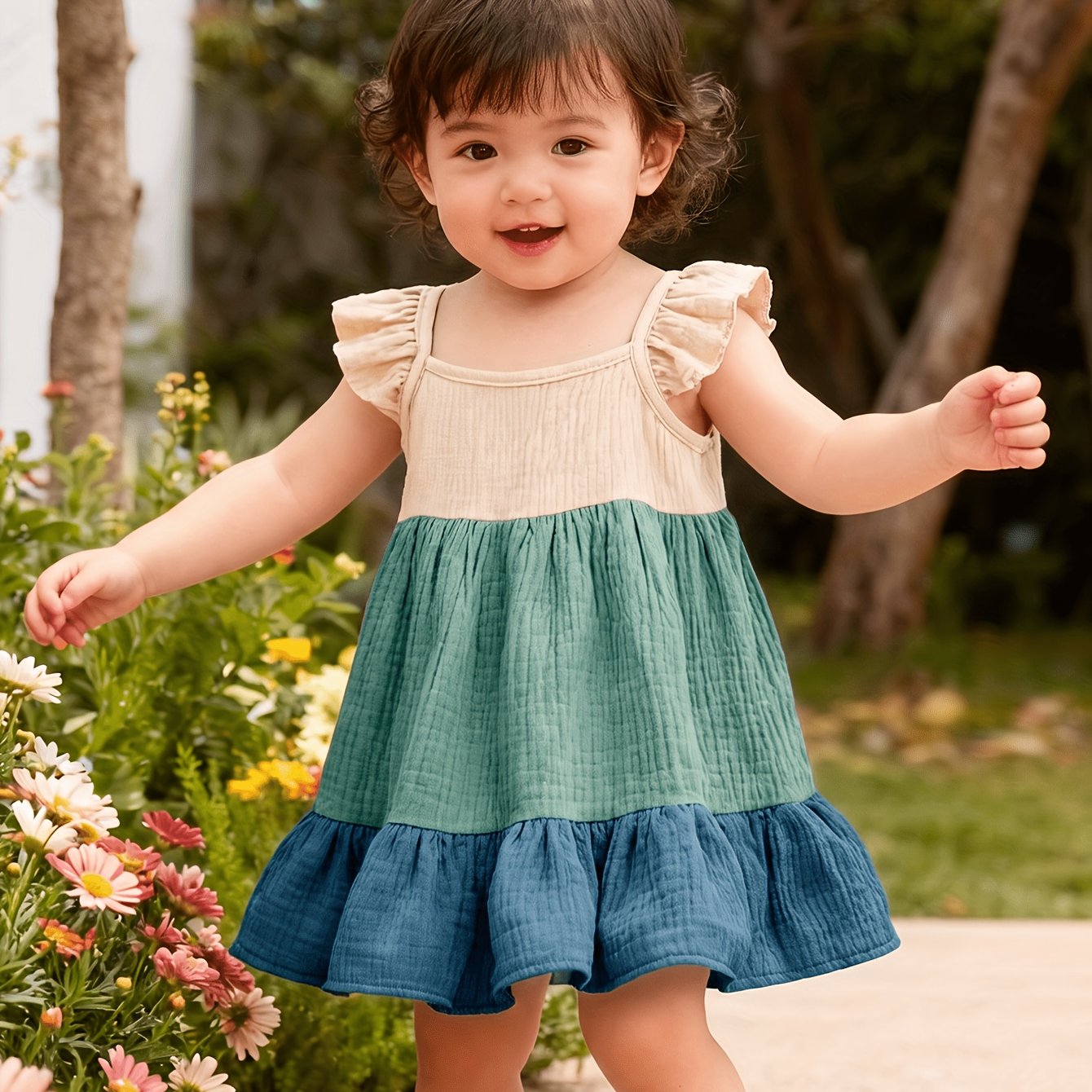 Image of Summer Baby Dress, Flutter Sleeves And Round Neck Infant Skirt, Tricolor Dress, Perfect Gift For Baby's Summer