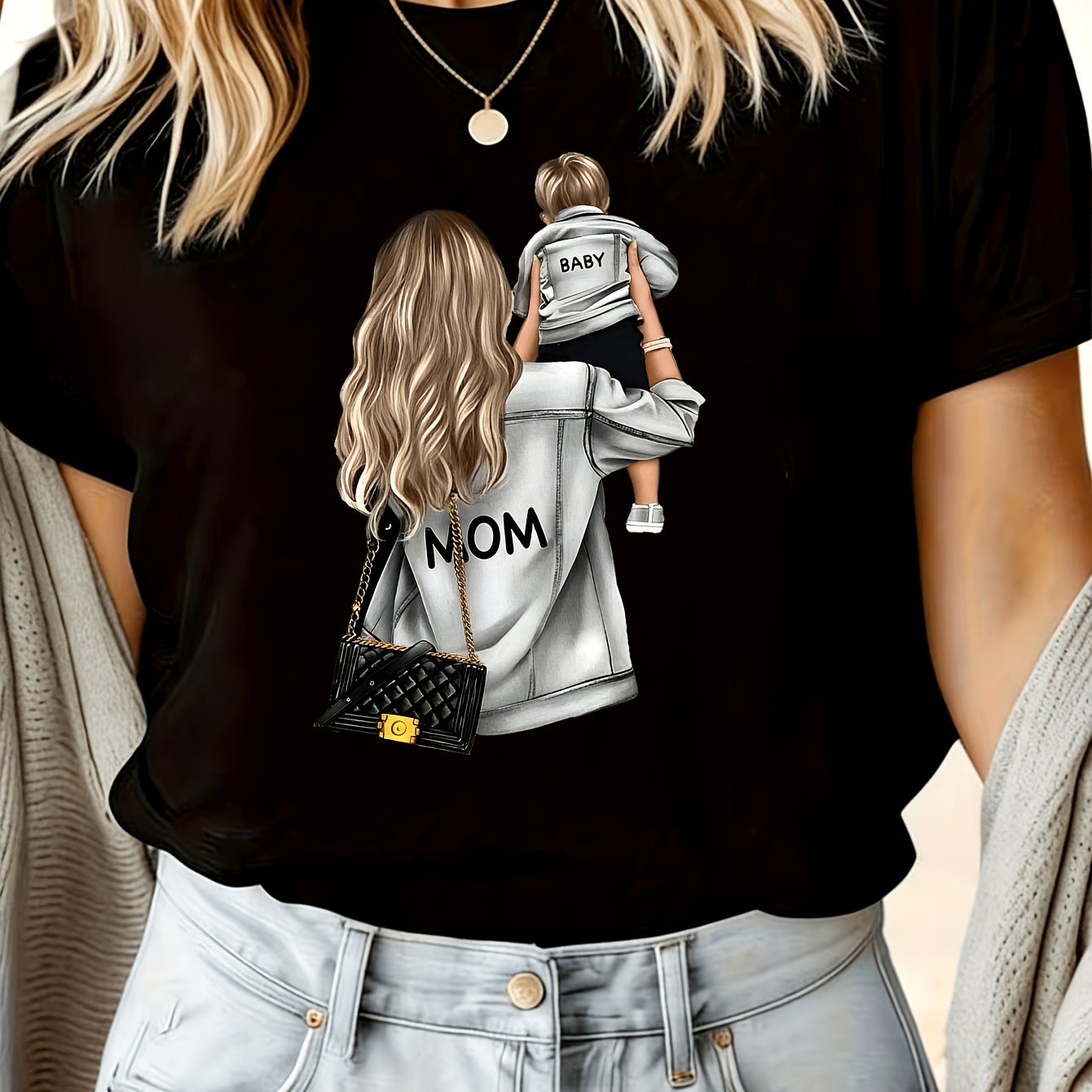 TEMU Mother's Day Edition Women's T-shirt | Mom Carrying Back View Print T-shirt, Breathable Lightweight Spring/summer Comfortable Fabric, Mother's
