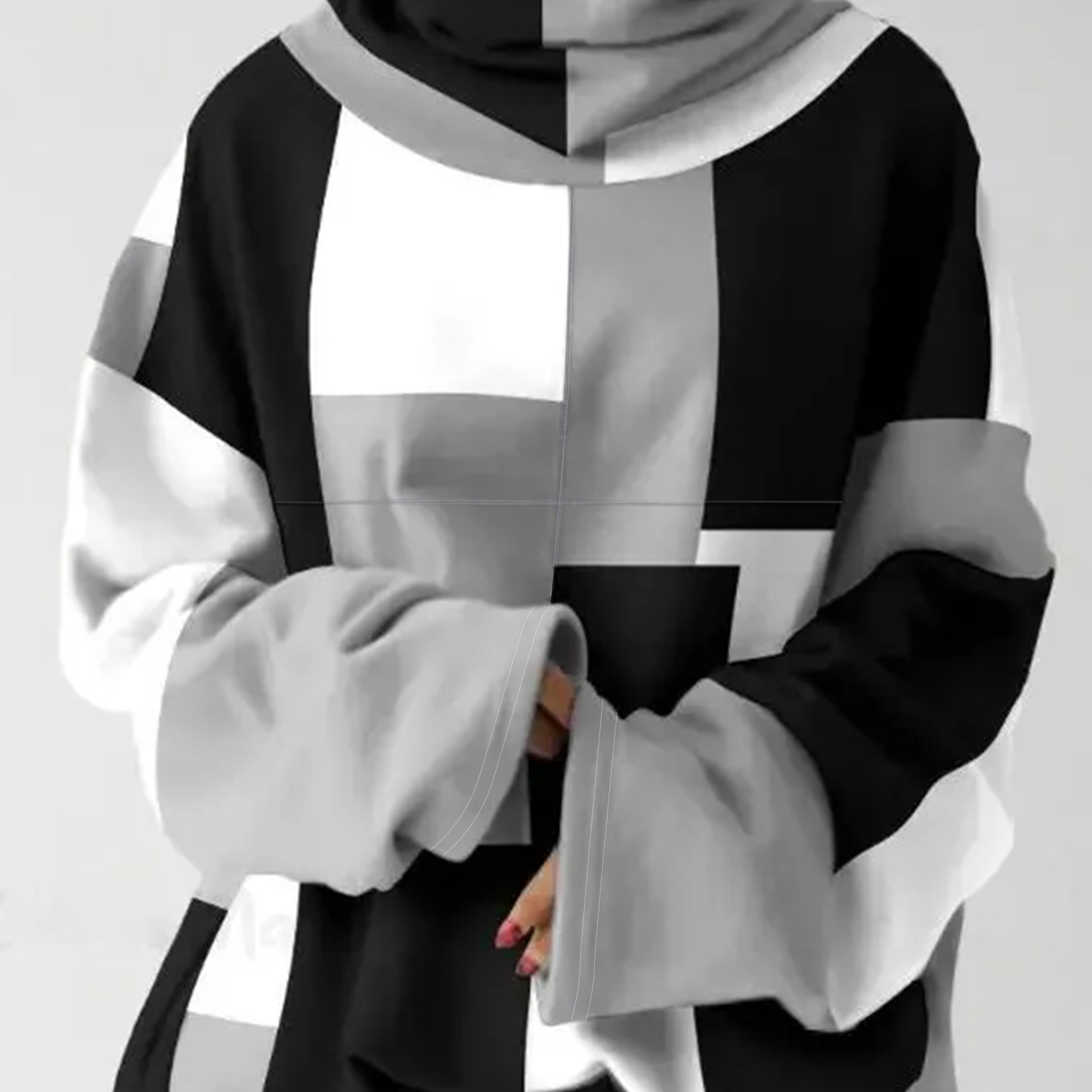 E-shop Fashion Size Label Kapuzen-Top mit langen Ärmeln, vielseitiges Casual Color-Block Full Print Stretch Size Label Damen Pullover Kapuzenlooser