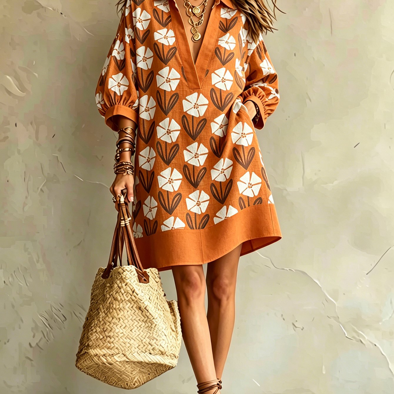 Image of Women's Summer Dress, Floral Print V-neck 3/4 Lantern Sleeve Loose Straight Short Dress, Bohemian , Comfortable Breathable Linen Texture, Flattering And, Suitable For Daily , Beach Vacation
