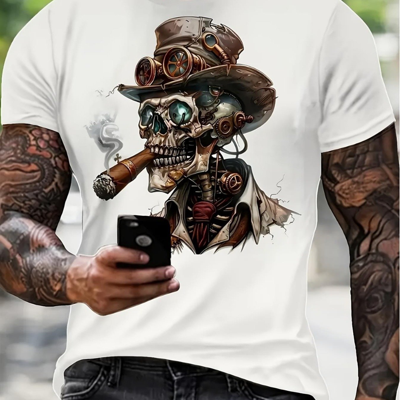 TEMU Men's Steampunk Gothic T-shirt With Victorian Mechanical Skeleton And Gear Design - Soft Knit Regular Fit Short Sleeve Shirt, - Skull Print For