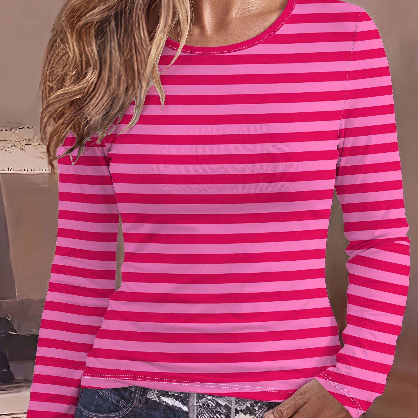 TEMU Elegant Women's Round Neck Long Sleeve T-shirt, Horizontal Stripe Pattern, Soft And Comfortable Fabric, Full Print Design Machine Washable Retro