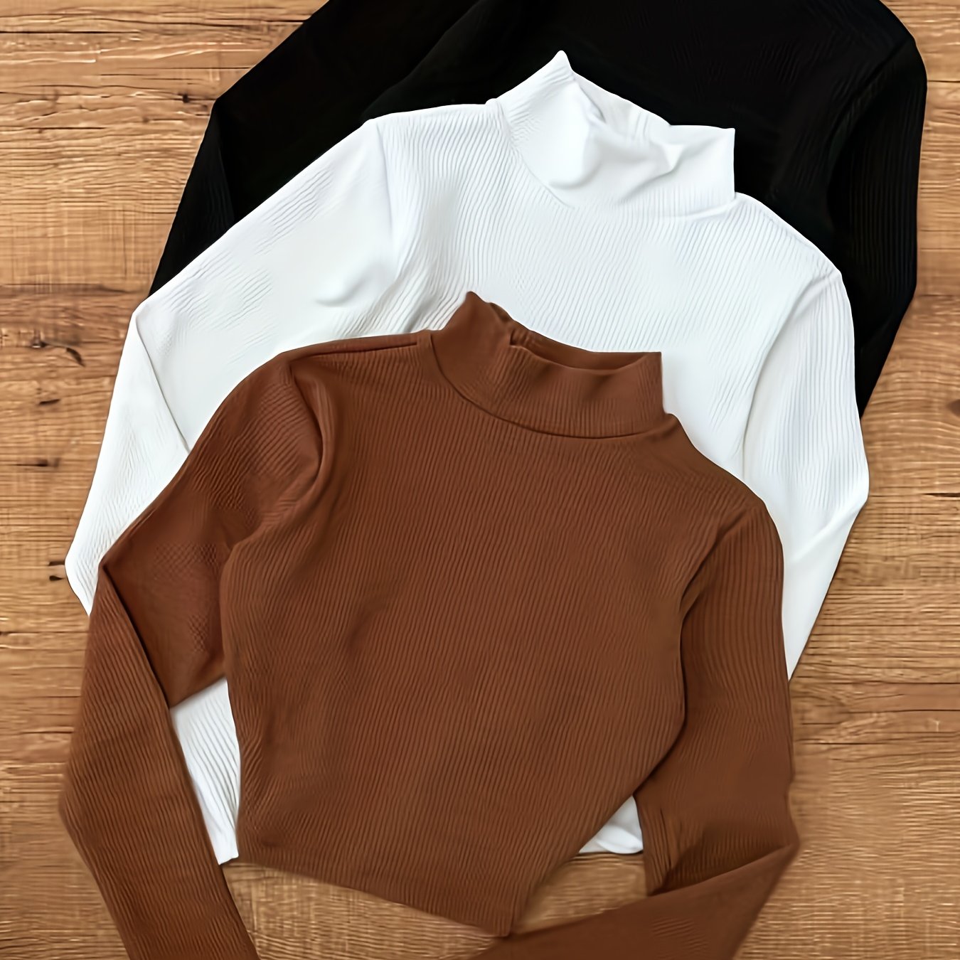 TEMU 3pcs Set Women's Slim Fit Long-sleeved T-shirt Tight Base Shirt Spring And Autumn Versatile High-necked Navel-baring Top Temperament Elegant