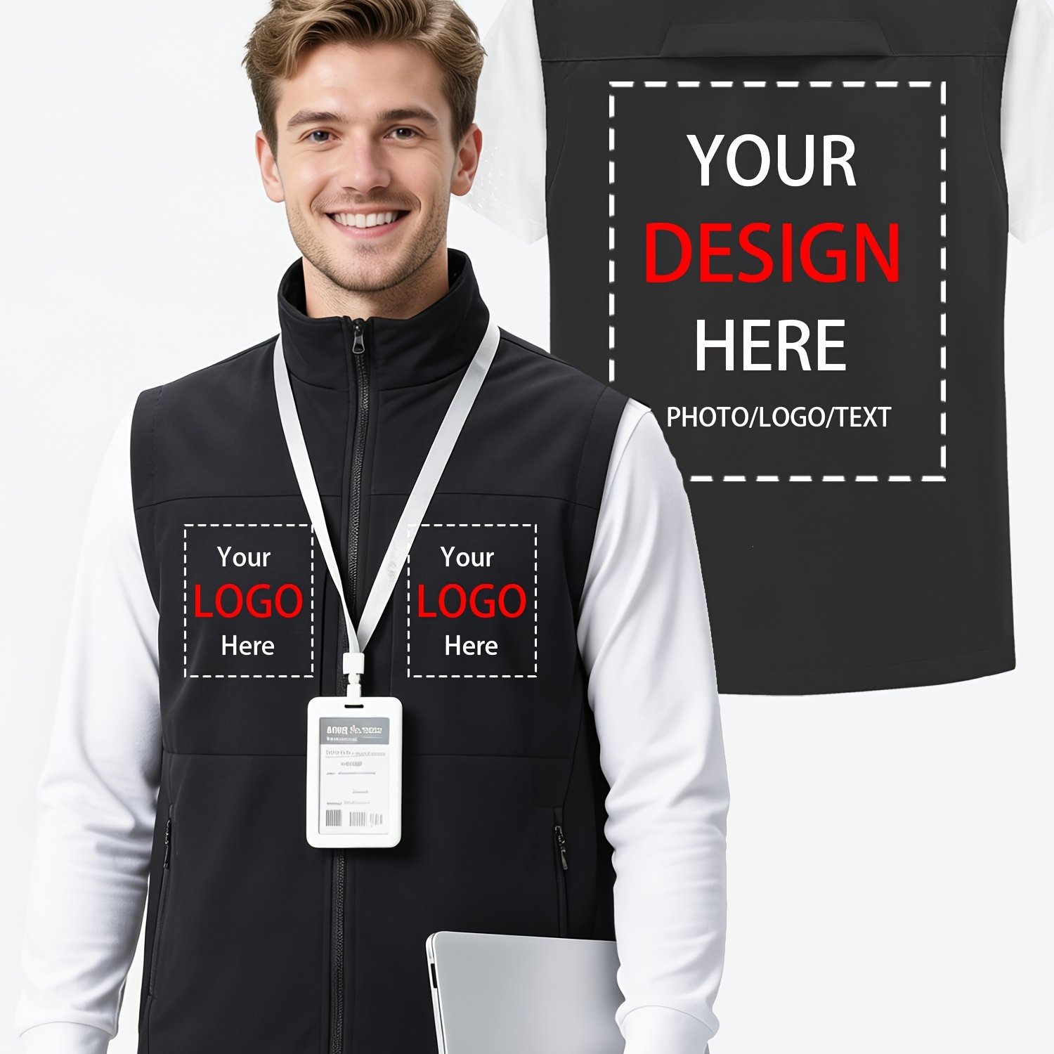 TEMU Custom Logo Men's Vest Text Design, Suitable For Outdoor Activities, Fishing, Hiking And Mountaineering. Multi Pocket Jacket Metal Zipper