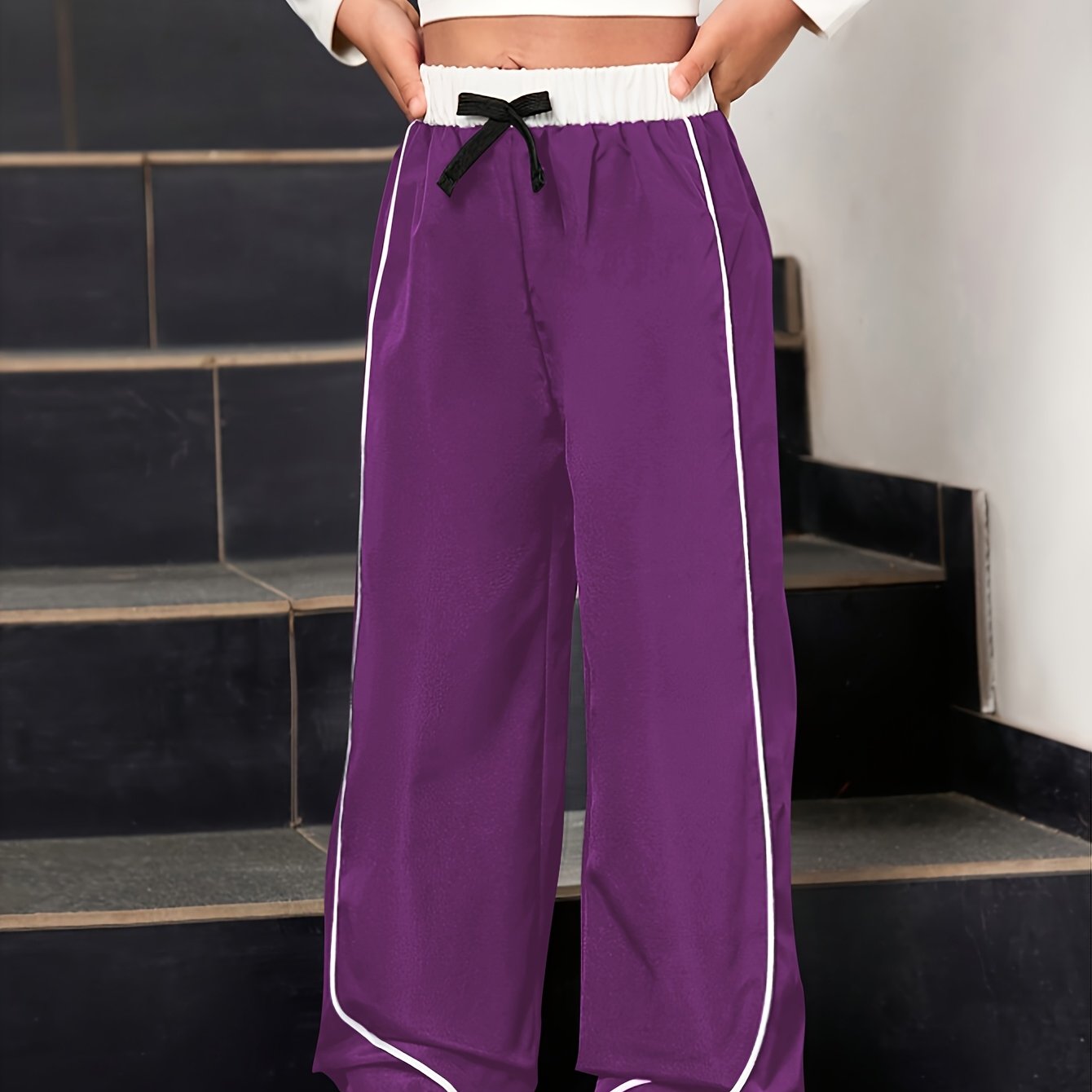 Girls' Color-Block Webbing Windproof Cargo Wide-Leg Pants