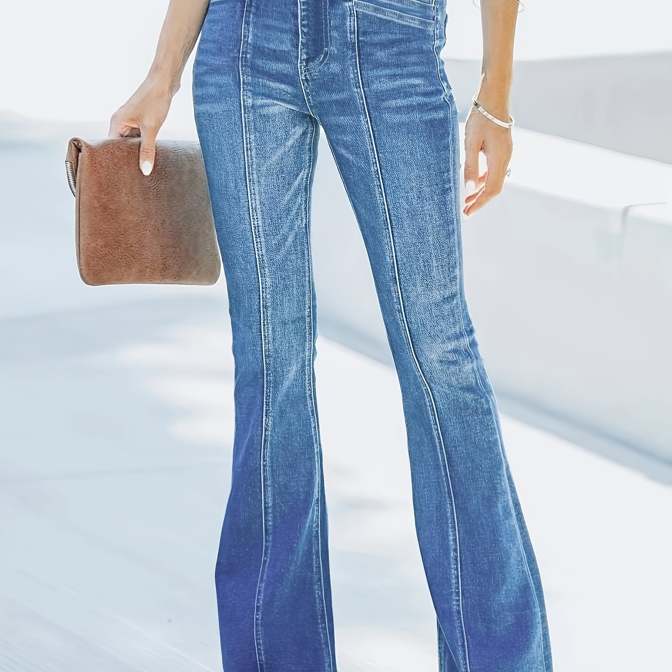 Image of 26aw Women's Elastic Retro Versatile Casual Fashion Elegant Mid-waist Pocket Machine Wash Durable Multifunctional Slim Fit Whitened Tassel Gradient Flared Jeans Street Trendy Style