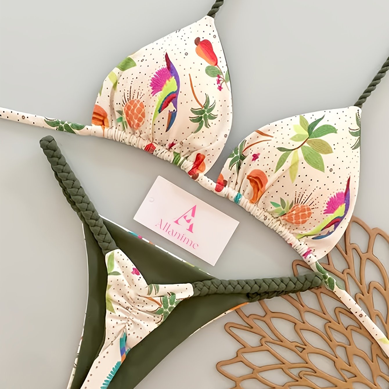 E-shop Neuer Strand Pool Party Fashion Print Lässiger Sexy Hanfseil Neckholder Bikini Split Badeanzug für Damen