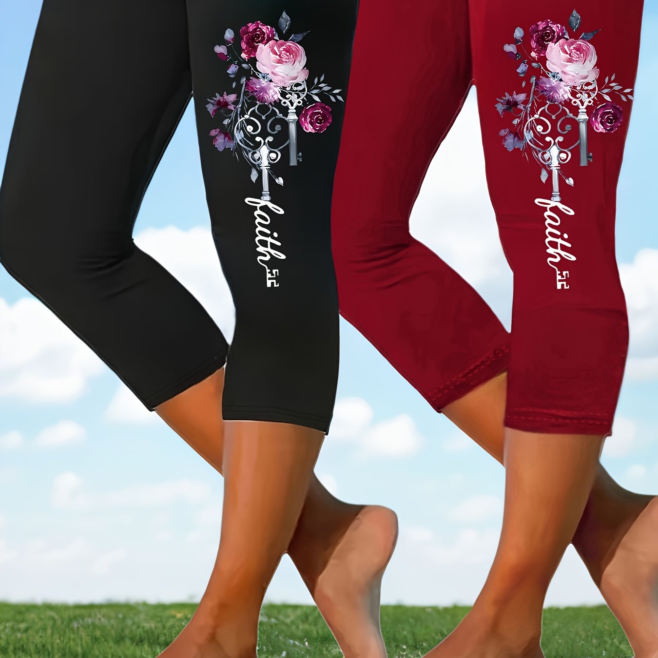 TEMU Plus Size, 2pcs Plus Size Capri Pants, Women's Plus Size Printed Elastic Waist Mid-length Capri Pants