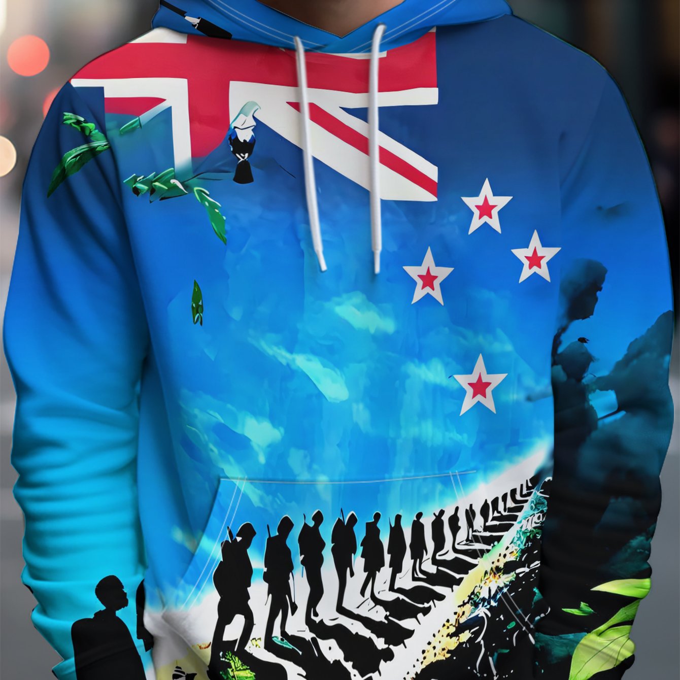 TEMU Fashion Hooded Sweatshirt, Casual Sporty Hoodie With New Zealand Flag Fluttering As Soldiers A Road, Featuring Pocket - Stretch Blend, Suitable