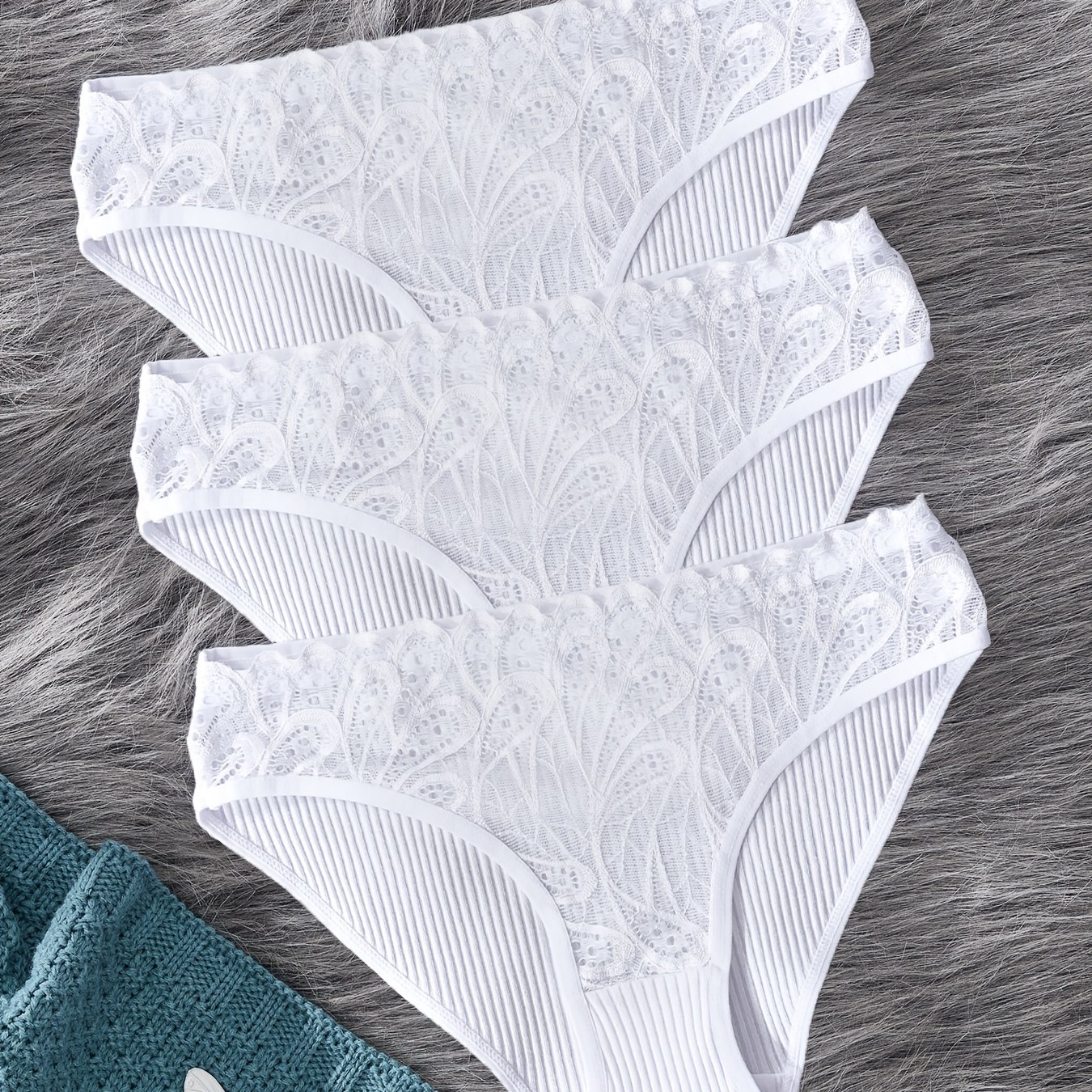 Image of 3pcs Women's Lace Trim Briefs - Soft Breathable Ribbed Underwear, Minimalist Solid Color Panties For Casual Attire, , Birthday & Holiday Gift, Lace Panties, Elegant Underwear, Quality Underwear