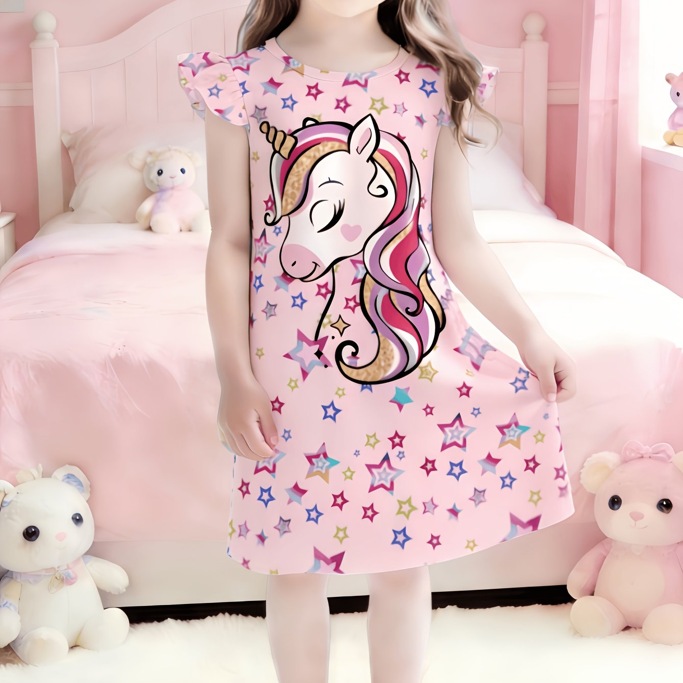 Image of Flame Retardant - Girls' Sleepwear Dress, Summer Nightgown With Cartoon Unicorn And Star Pattern, Flutter Sleeve Dress, Comfortable And Princess Sleepwear For Girls, Cozy Children's Homewear