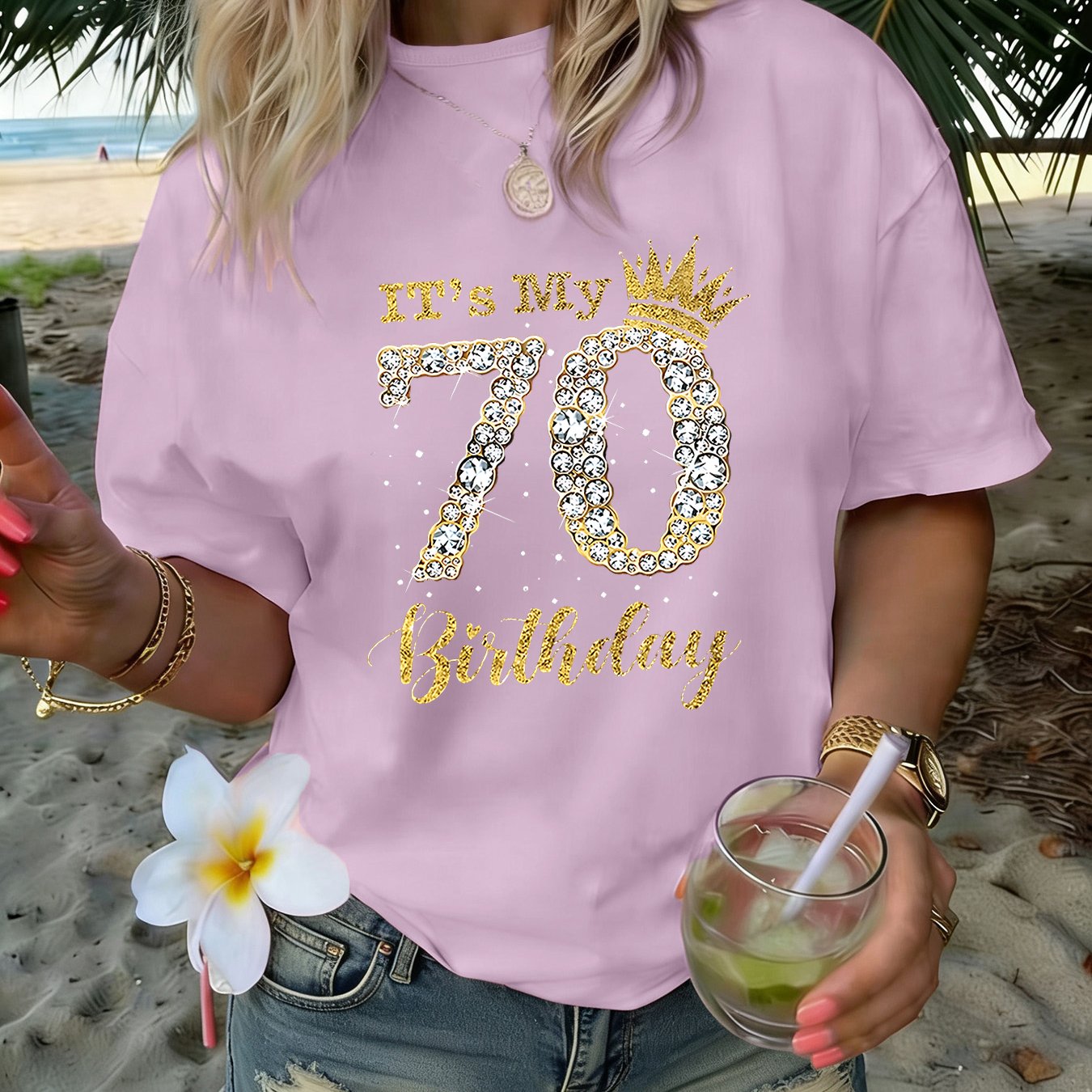 TEMU 1pc Women's Summer Short-sleeve T-shirtâ70th Birthday Crown Sequin Number Print Pattern, Fashionable, Elegant, , And Fun, Comfortable, Soft, An