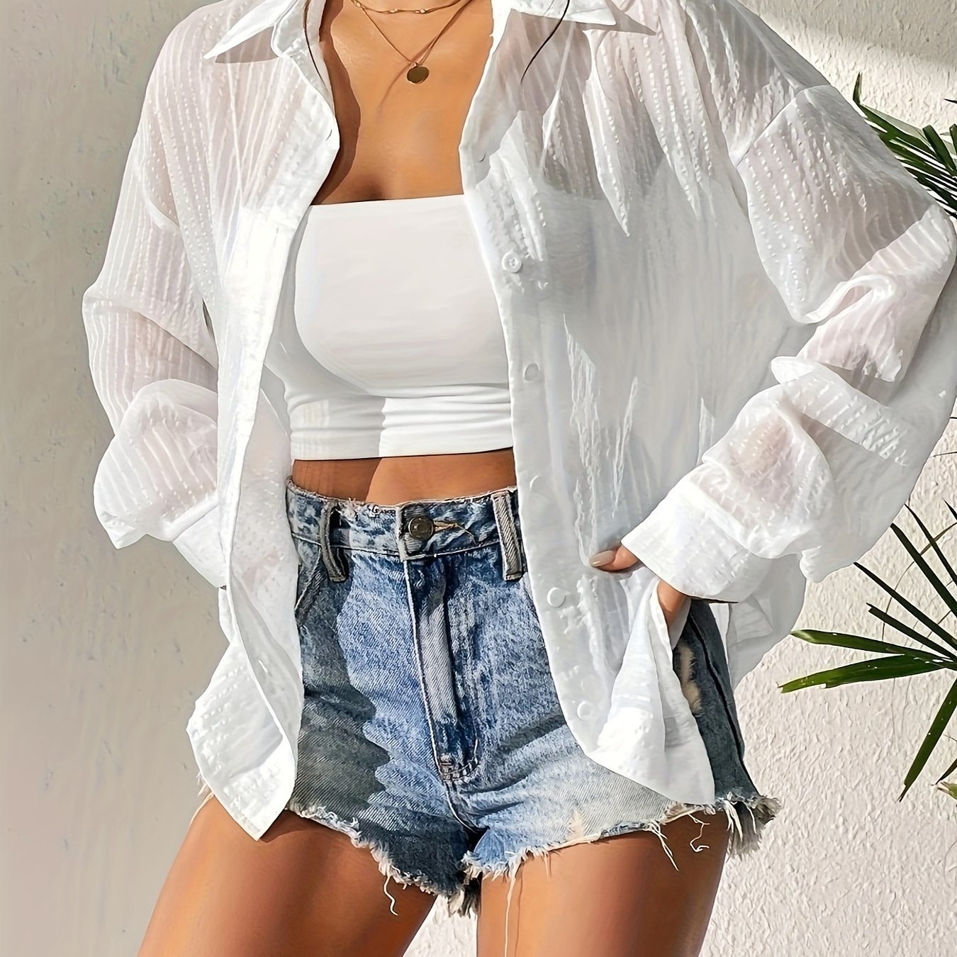 E-shop Elegantes Damen Langarmshirt - Transparentes, weißes Oberteil mit Kontrastkragen, maschinenwaschbares Freizeit- und formelles Kleidungsstück für