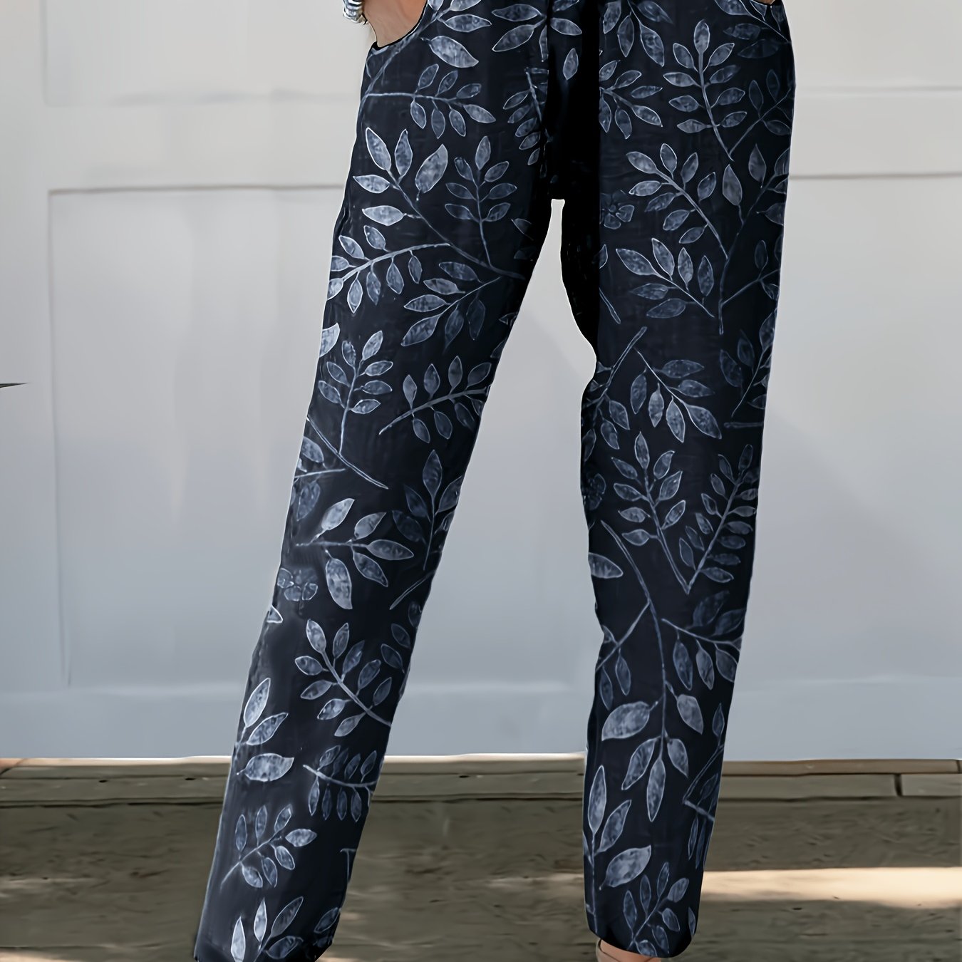 E-shop Damen Vintage Botanik Pflanzenmuster Gerade Hose - Blatt-Hose, Elastikfrei Nicht Dehnbar Maschinenwaschbar Casual Sommerhose für Frühling/Sommer