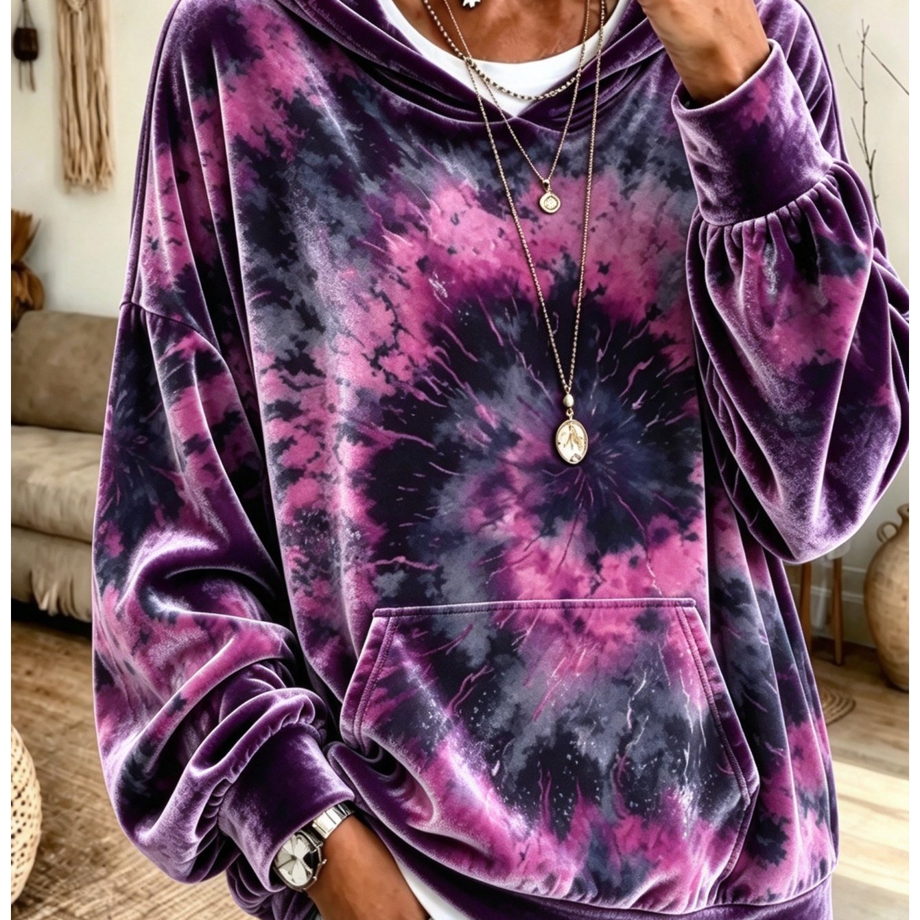 Image of Women's Elegant Velvet Hoodie - Stylish Tie-dye Print Long-sleeve Pullover Sweatshirt, Versatile For Casual , Gatherings, Holidays, And Vacations, Perfect For Autumn And Winter